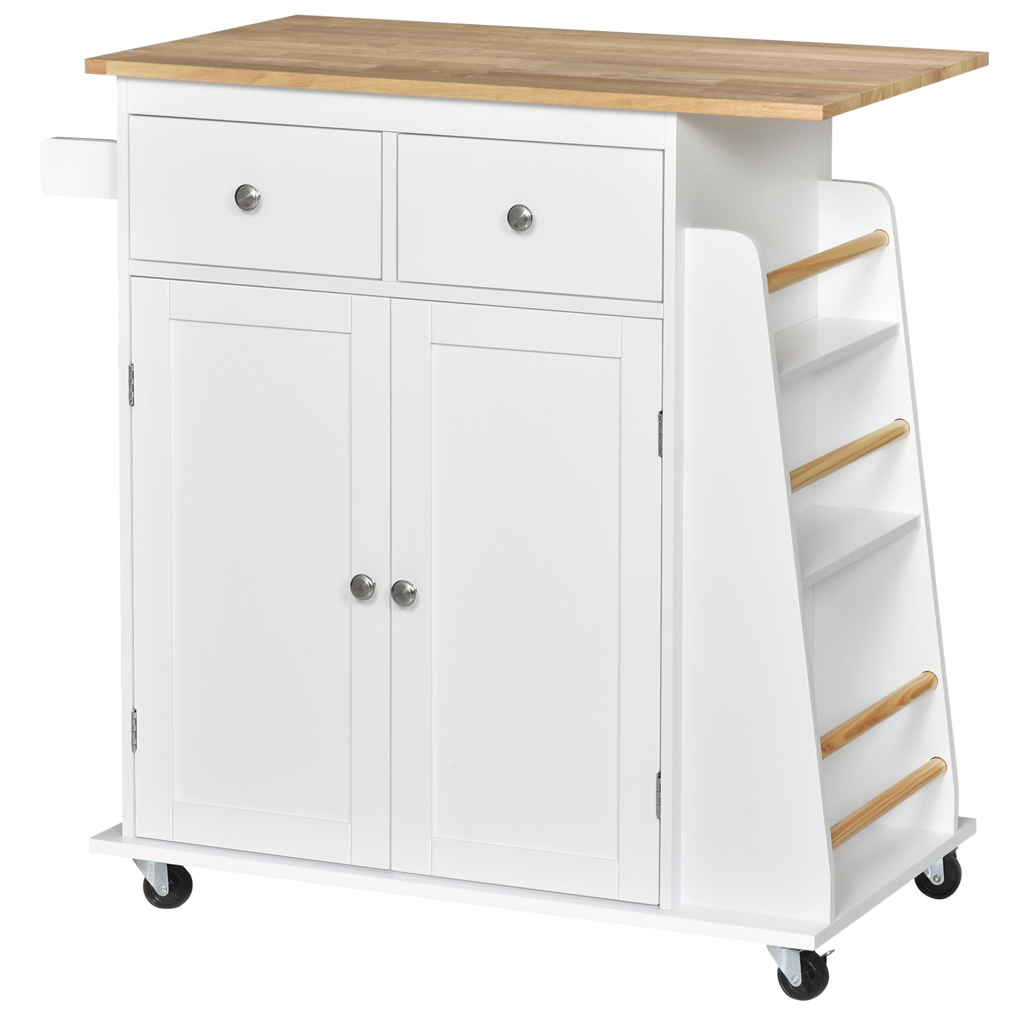 Kitchen Island Storage Cabinet Rolling Trolley with Rubberwood Top, 3-Tier Spice Rack, Drawers & Large Cabinet - White