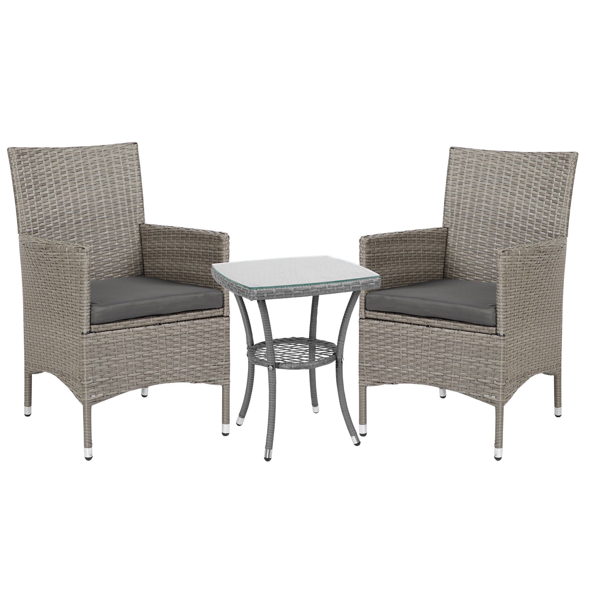 3 Piece Rattan Bistro Set with Cushions - Grey Outdoor Furniture