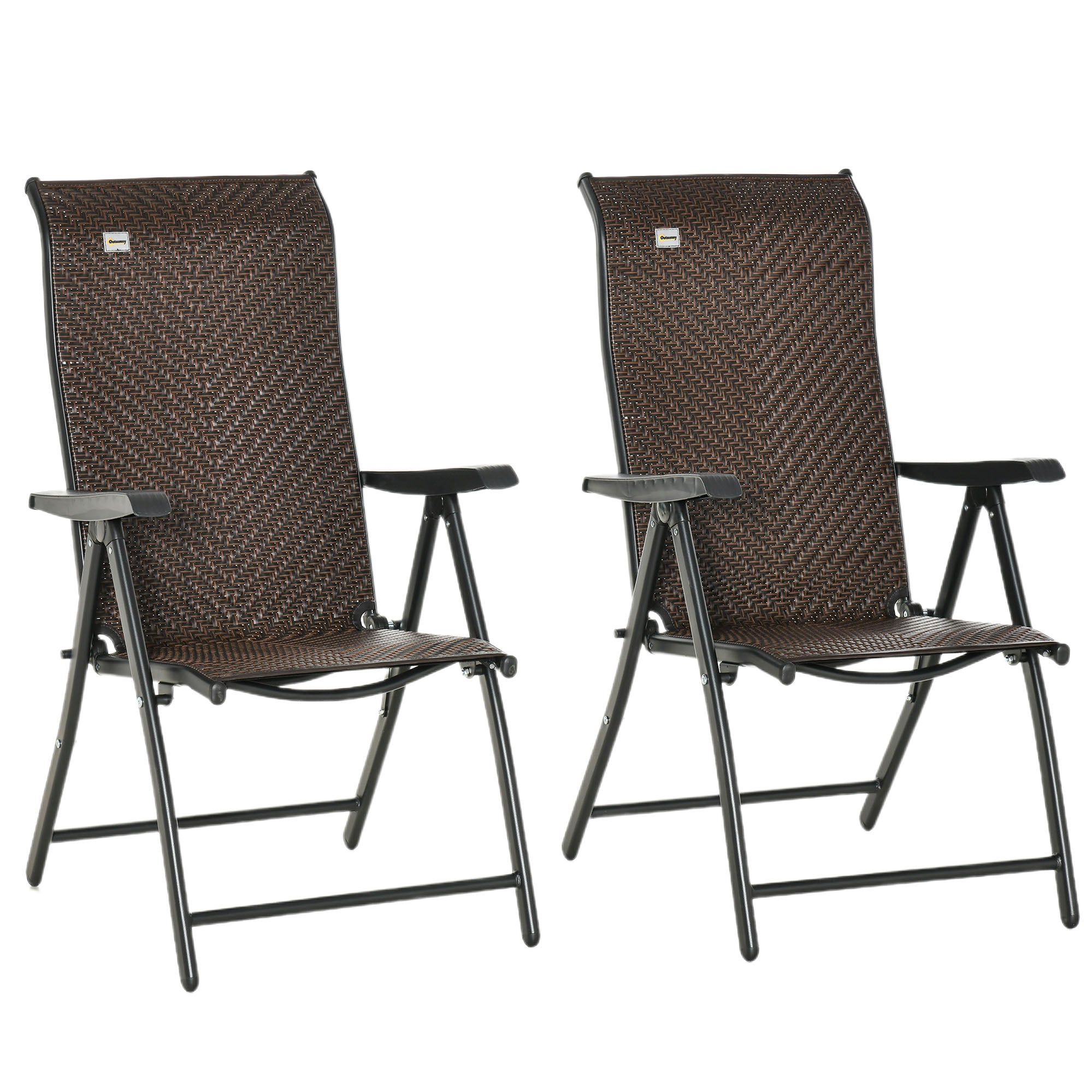 Set of 2 Adjustable Outdoor Wicker Folding Chairs with Steel Frames - Red Brown