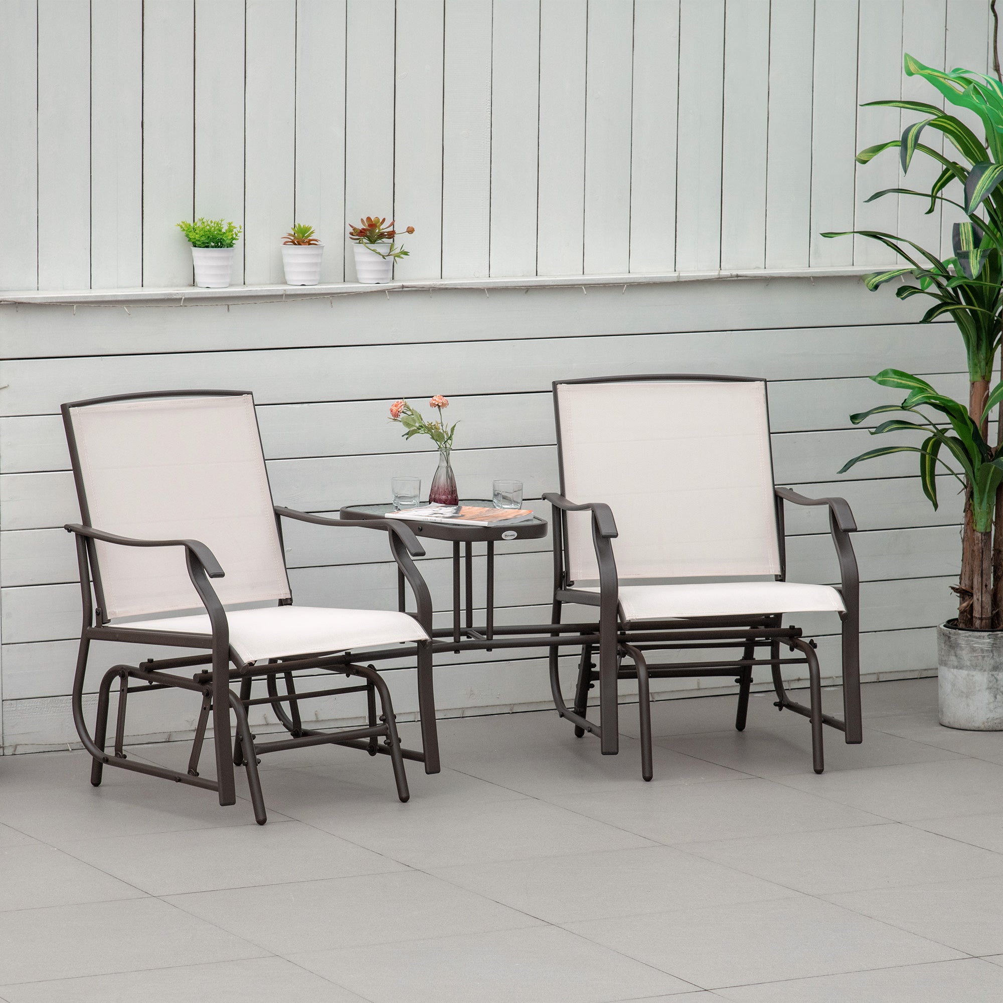 2 Piece Garden Double Glider Rocking Chair Set with Glass Table - Beige