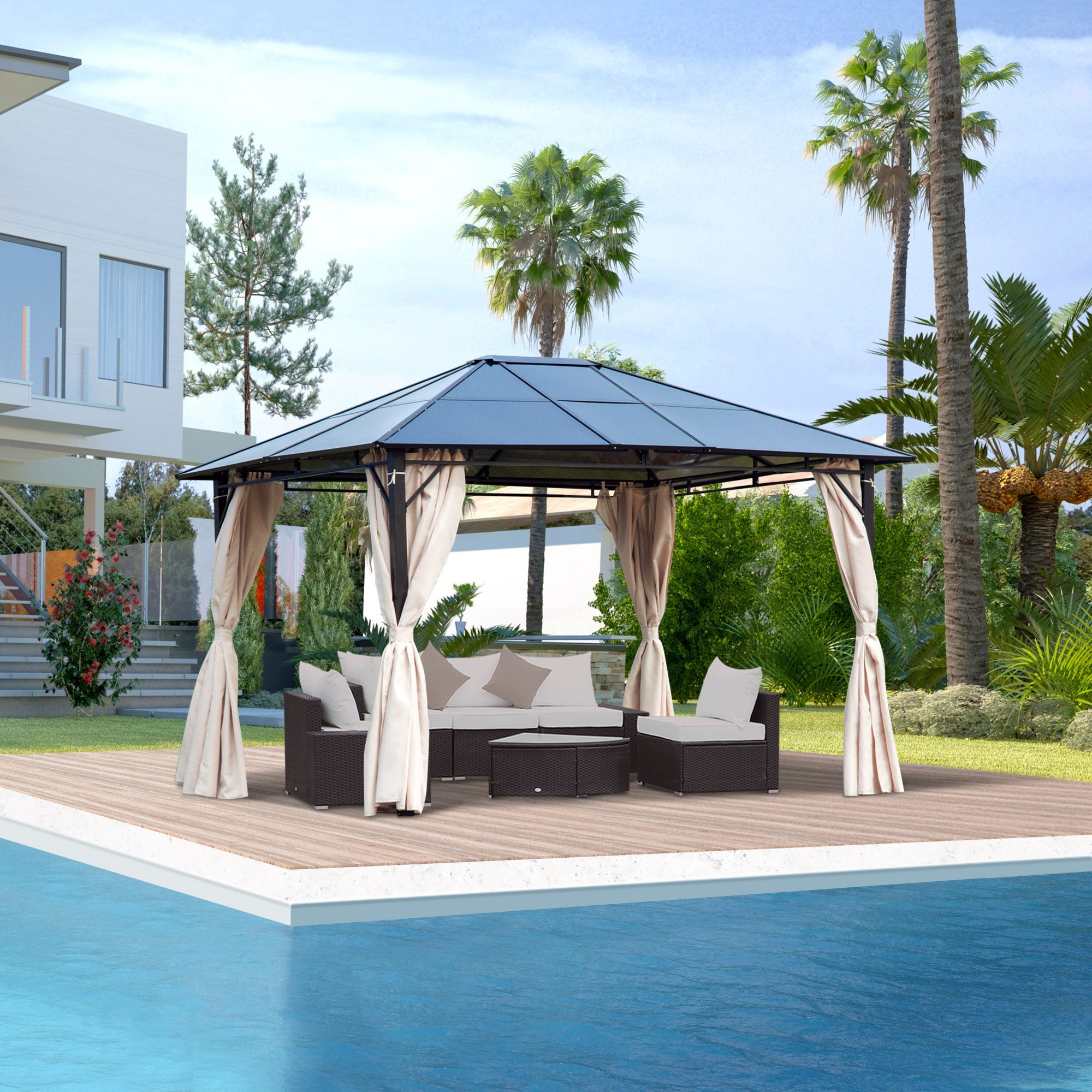 3.6 x 3 Metre Hardtop Gazebo with Polycarbonate Roof and Removable Curtains - Brown