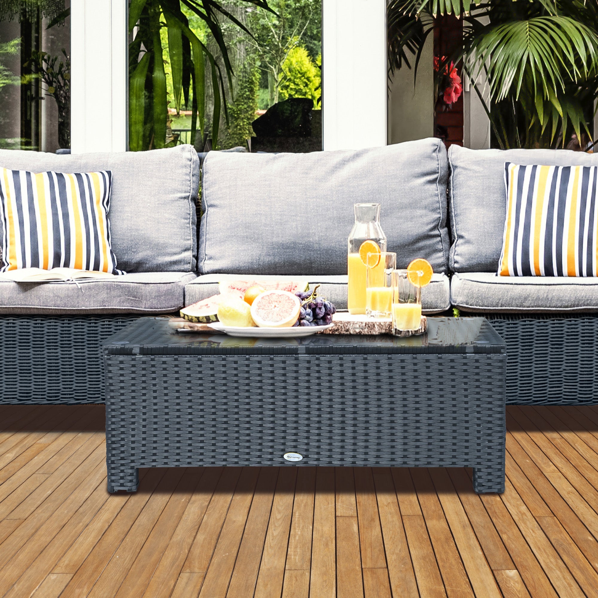 Rattan Garden Coffee Table with Tempered Glass and Iron Frame - Black