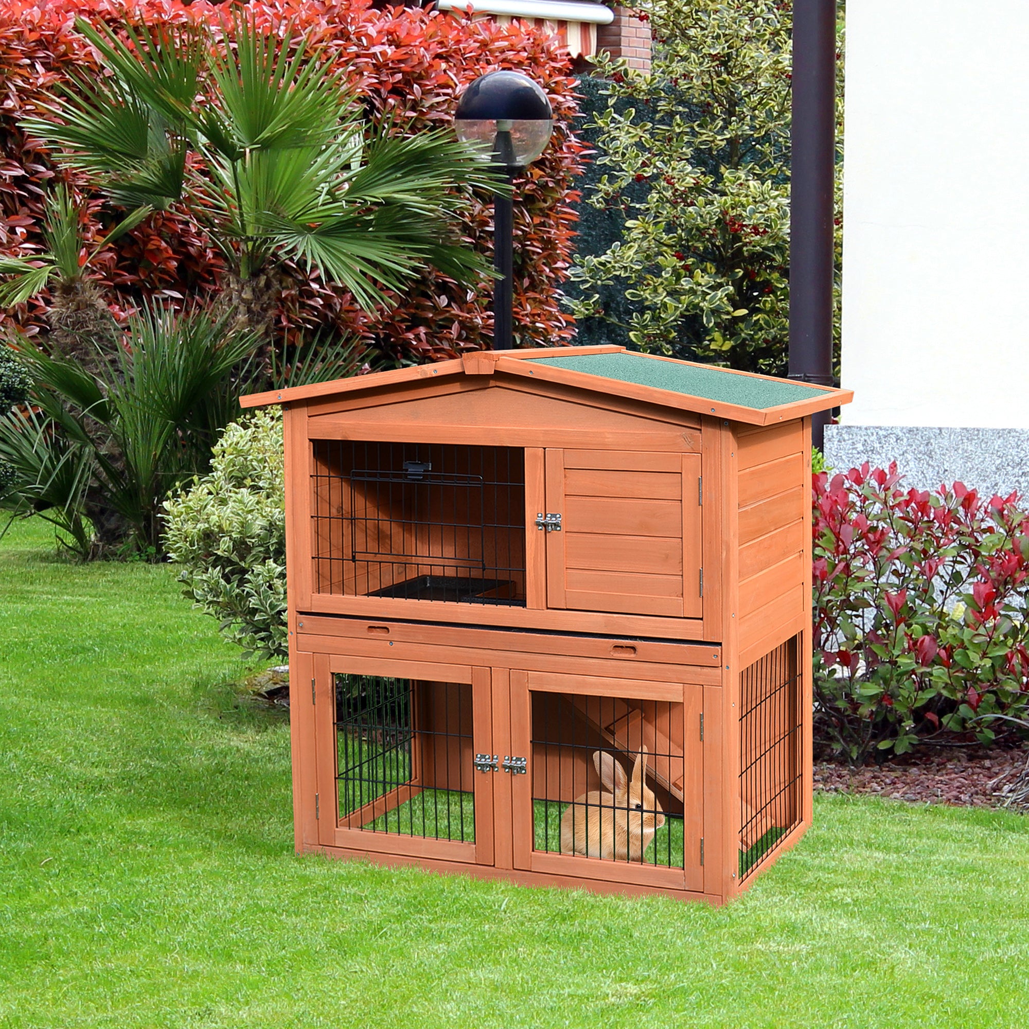 2 Tier Rabbit Hutch with Ramp Slide Out Tray for Guinea Pigs & Ferrets 100.5x55x101 cm - Brown