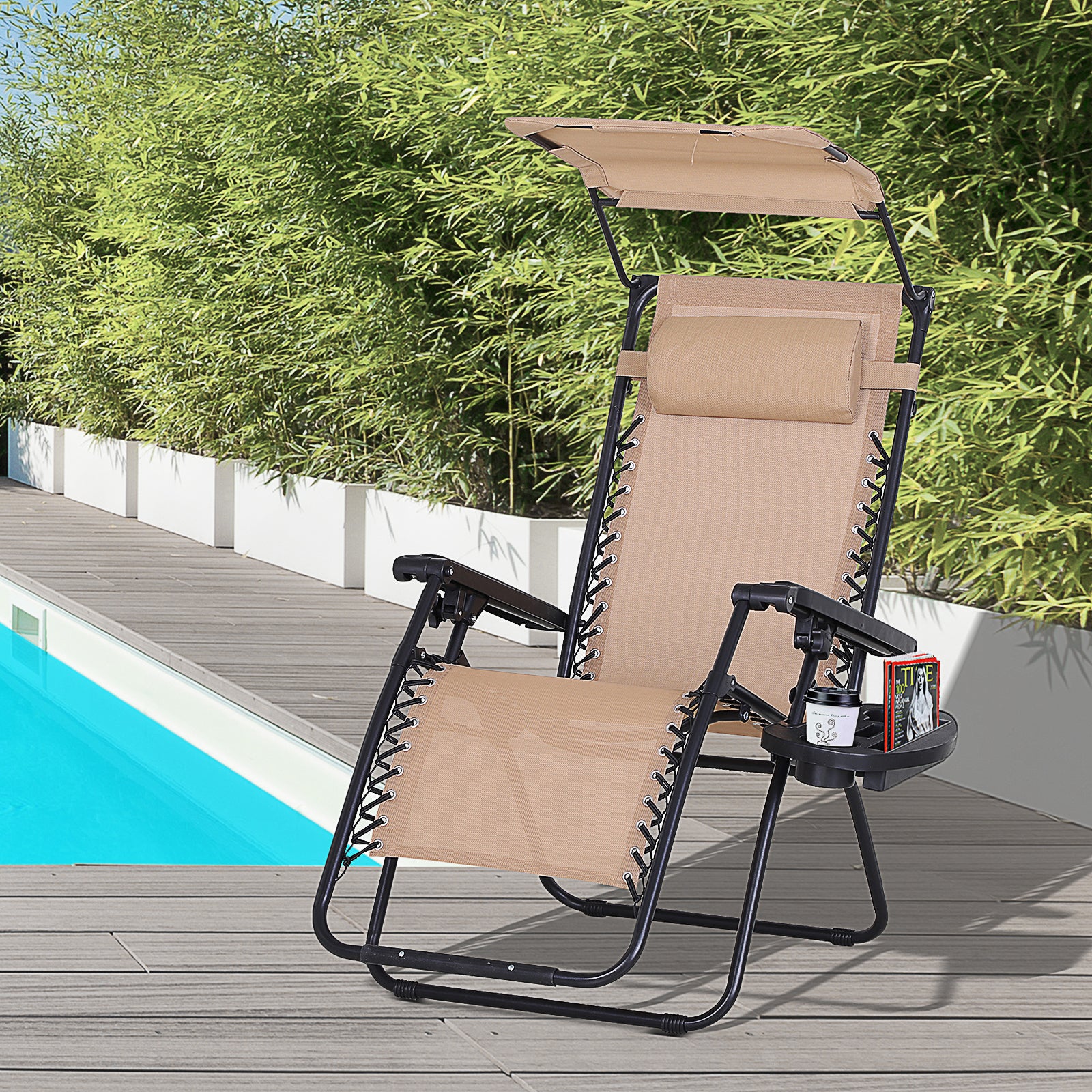 Zero Gravity Garden Folding Sun Lounger with Canopy and Cup Holder - Beige