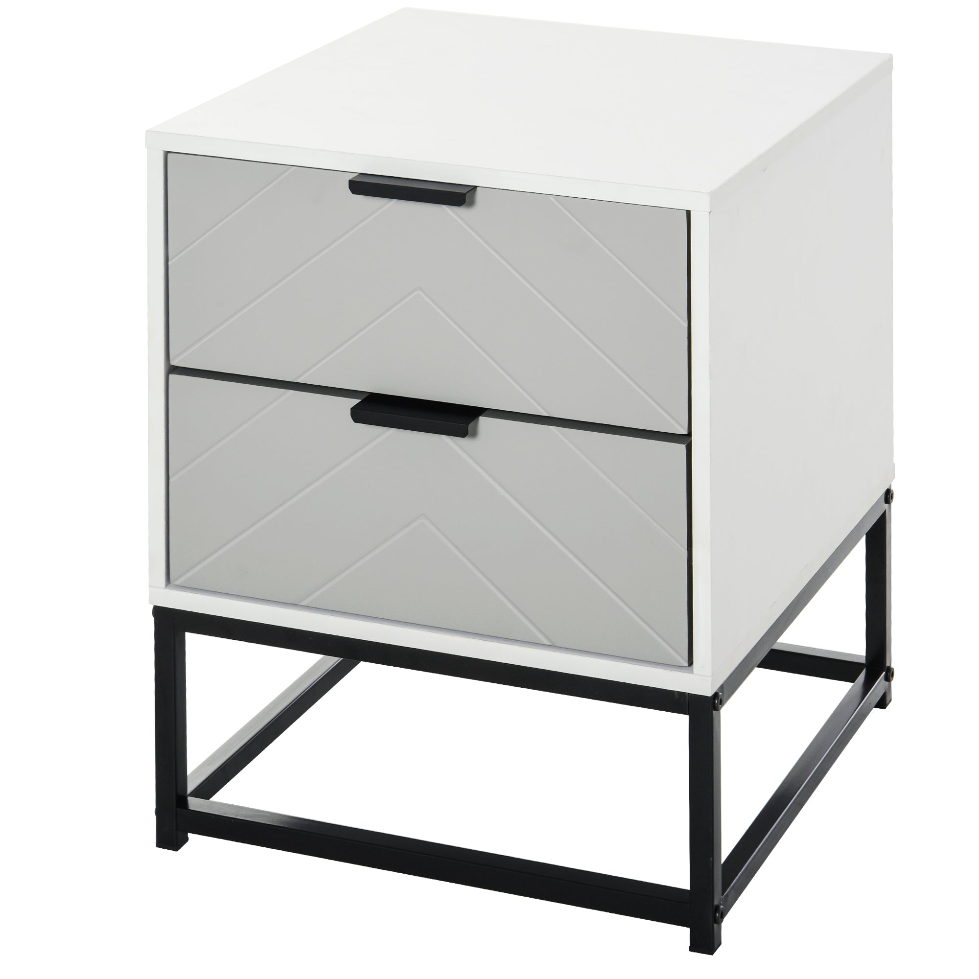 Unique Chevron Pattern Bedside Cabinet with 2 Drawer Storage - Grey and White
