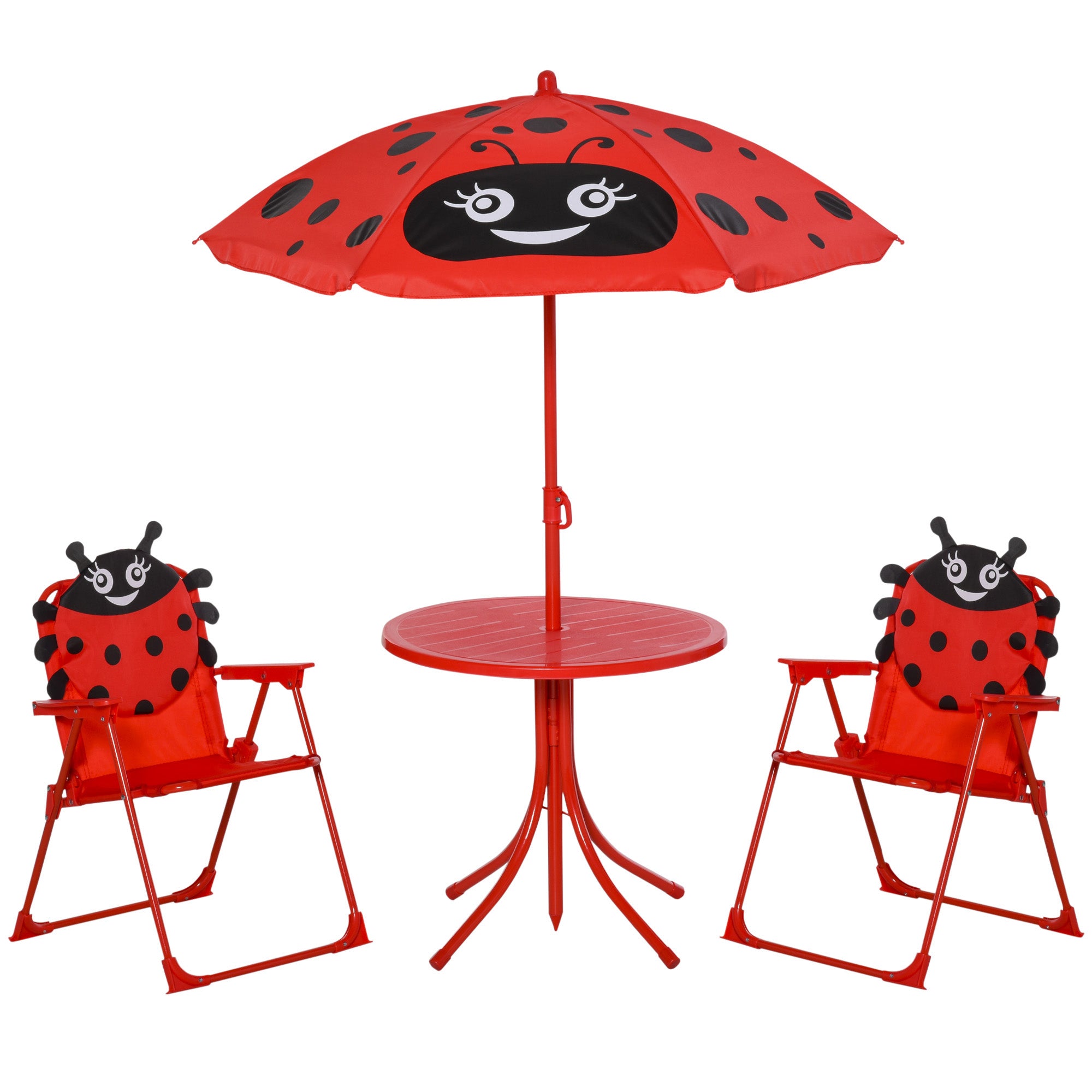 4 Piece Kids Folding Picnic Table and Chairs Set with Parasol - Ladybug Pattern