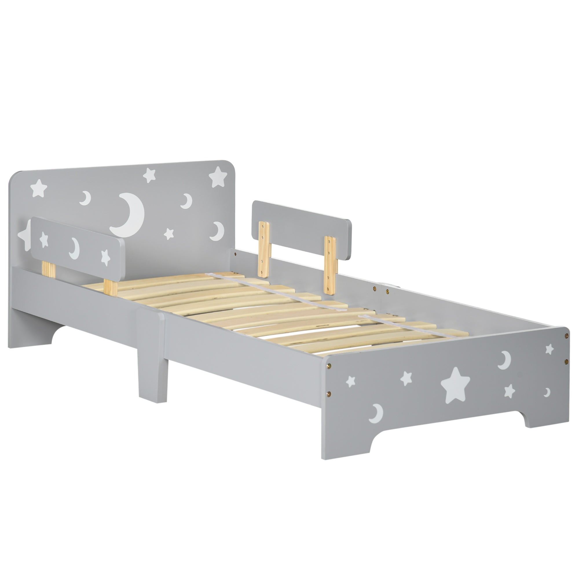 Kids Toddler Bed with Safety Rails and Star Moon Patterns Grey