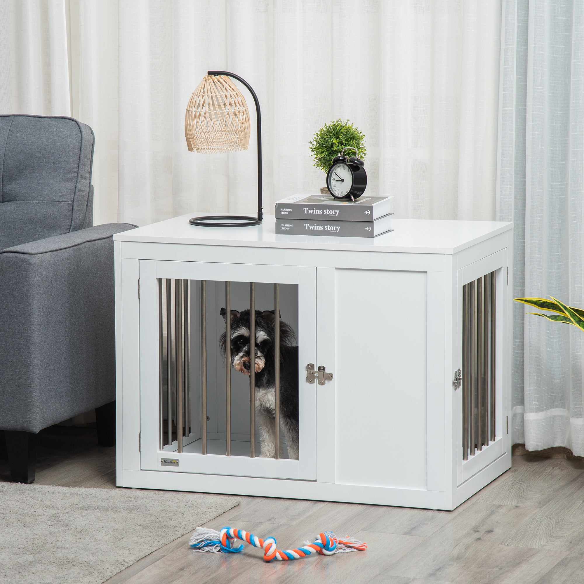 Furniture Style Dog Crate, End Table Pet Cage Kennel, Indoor Decorative Puppy House, with Double Doors, Locks, for Medium Dogs, White