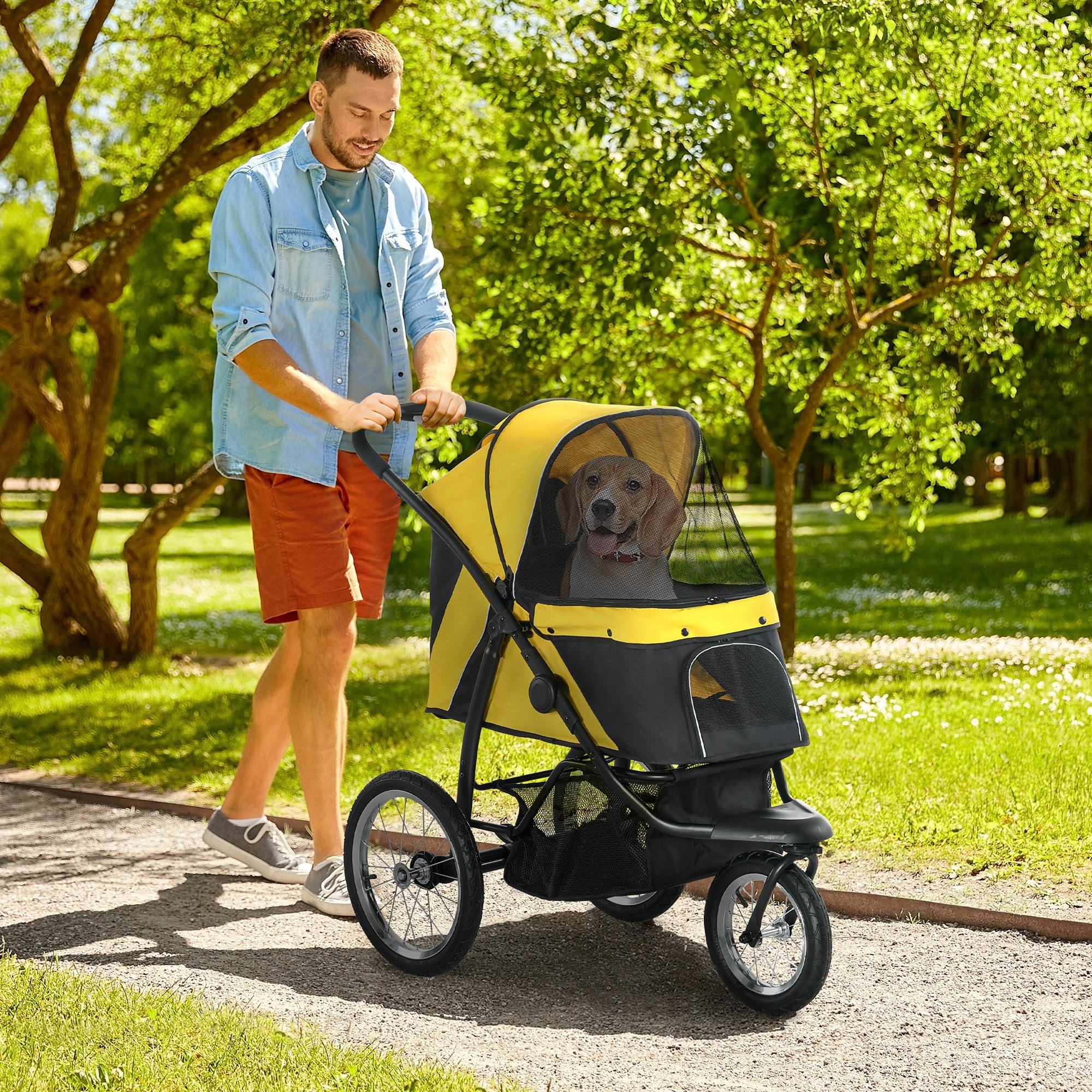 Foldable Pet Stroller Jogger for Small & Medium Dogs with Adjustable Canopy & 3 Large Wheels - Yellow