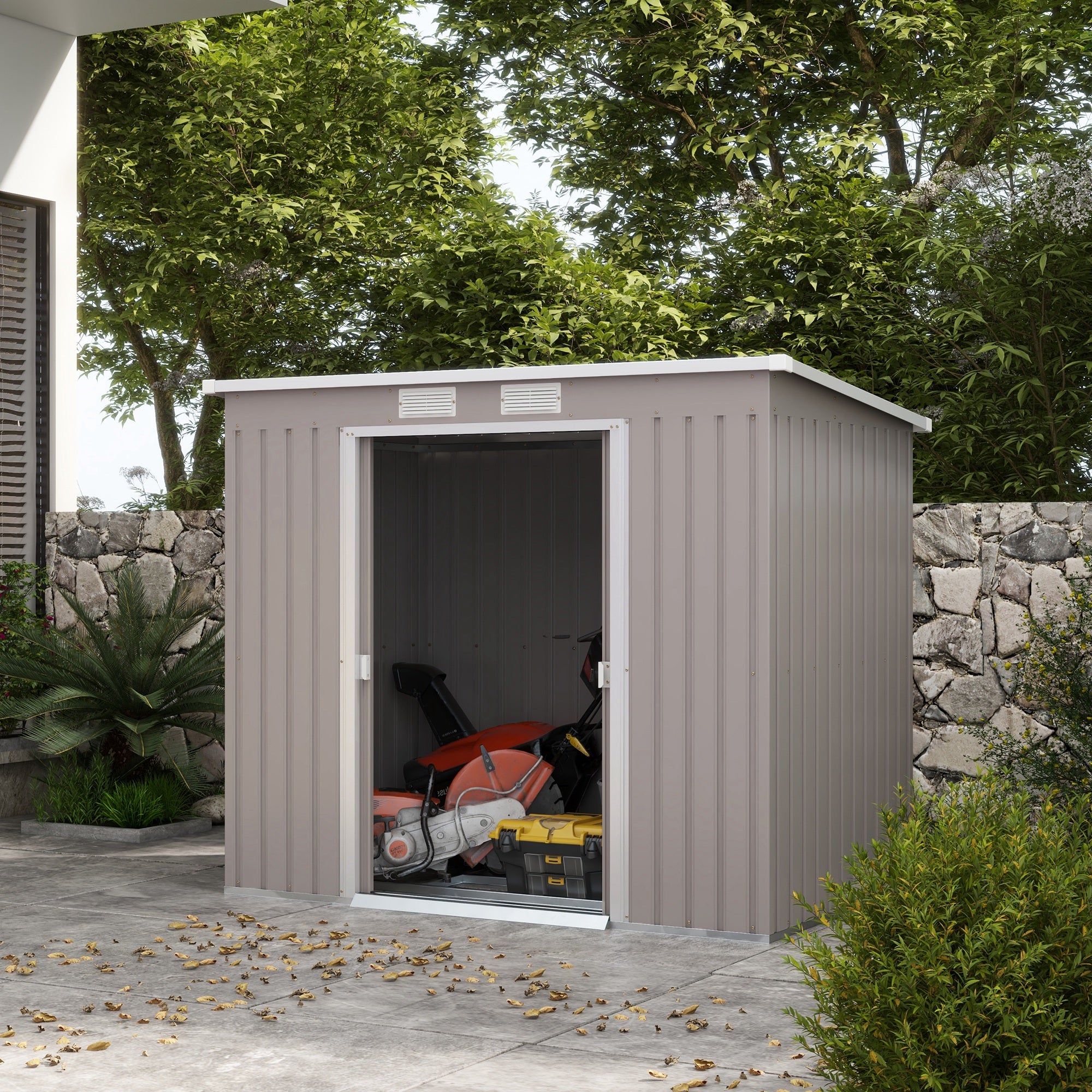 Large Metal Garden Tool Storage Shed With Double Doors Grey
