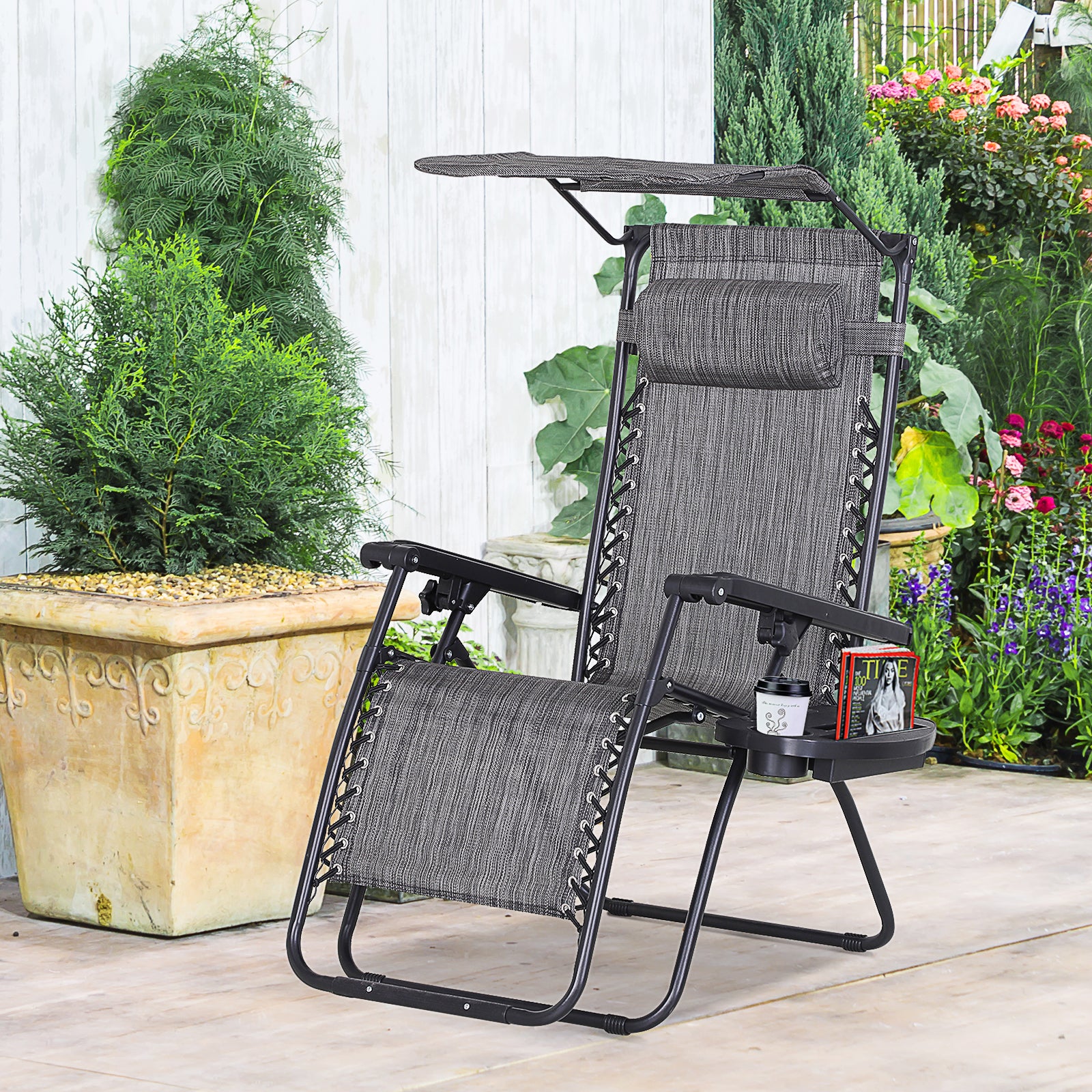 Zero Gravity Garden Deck Chair with Canopy and Cup Holder - Grey