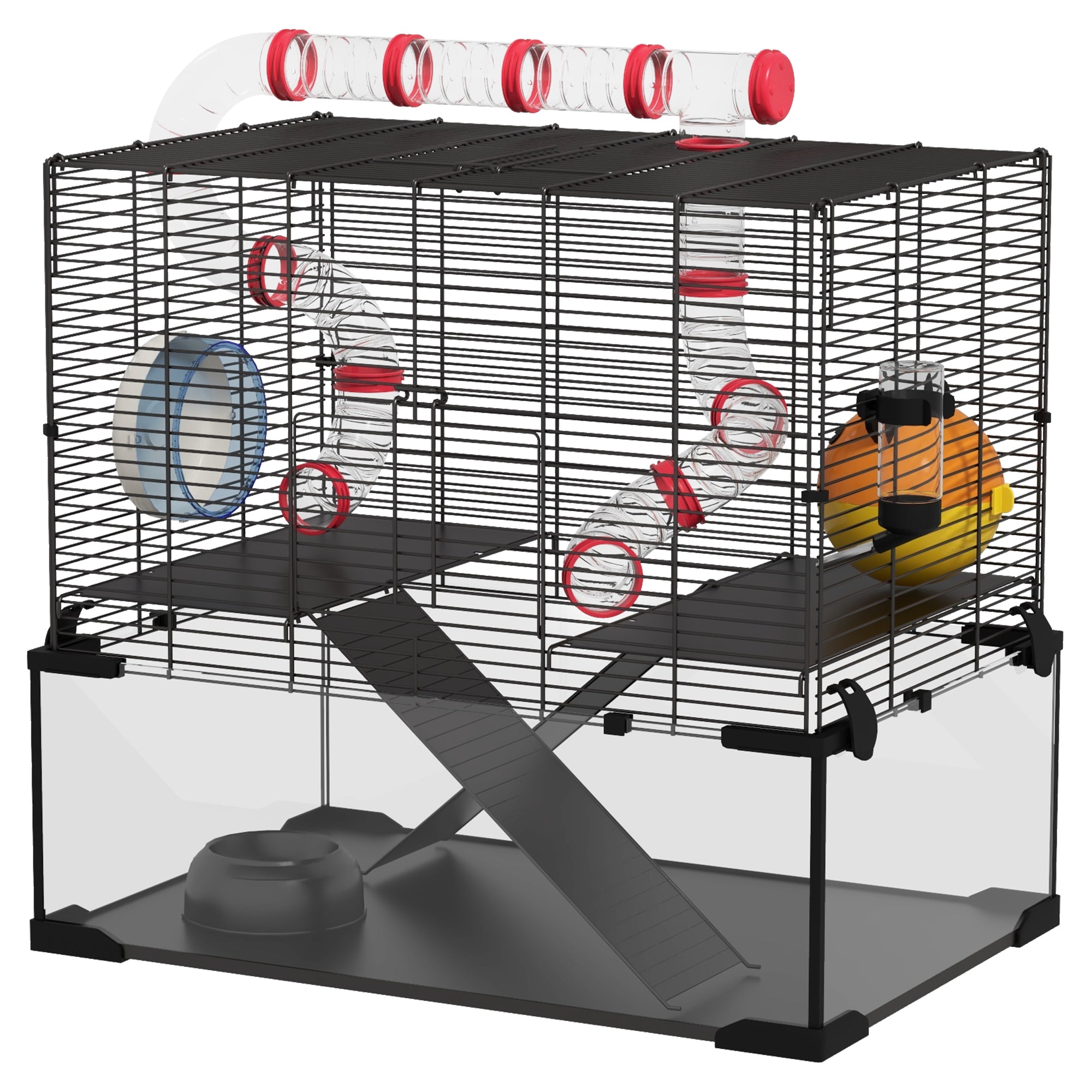 Gerbil and Dwarf Hamster Cage with Deep Glass Bottom, Tunnels, Exercise Wheel 60x40x57cm - Black