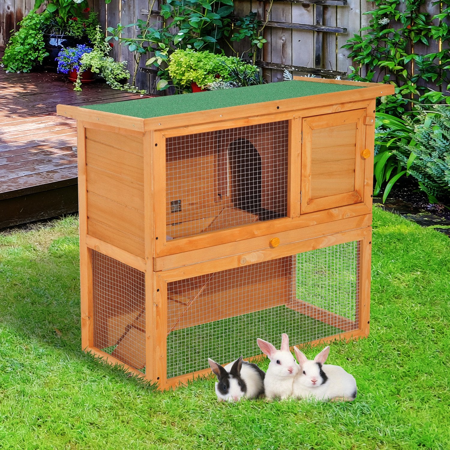 Wooden 90cm 2-Tier Rabbit Hutch - Vintage Yellow Green