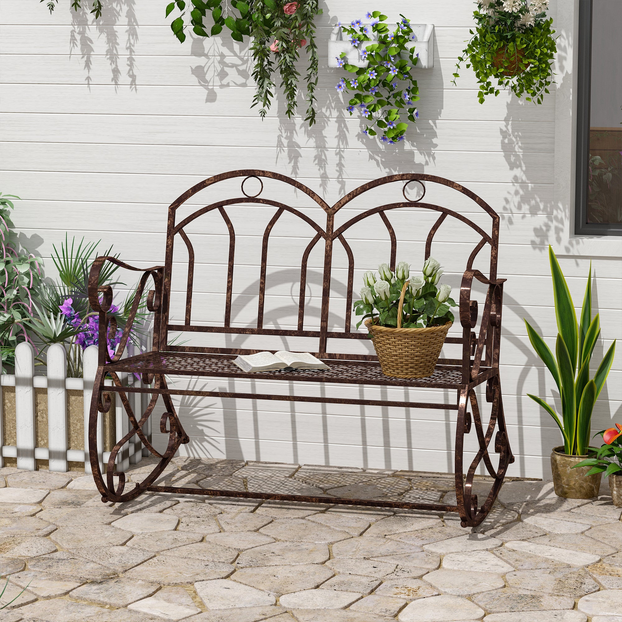 2 Seater Metal Rocking Garden Bench with Armrests - Bronze