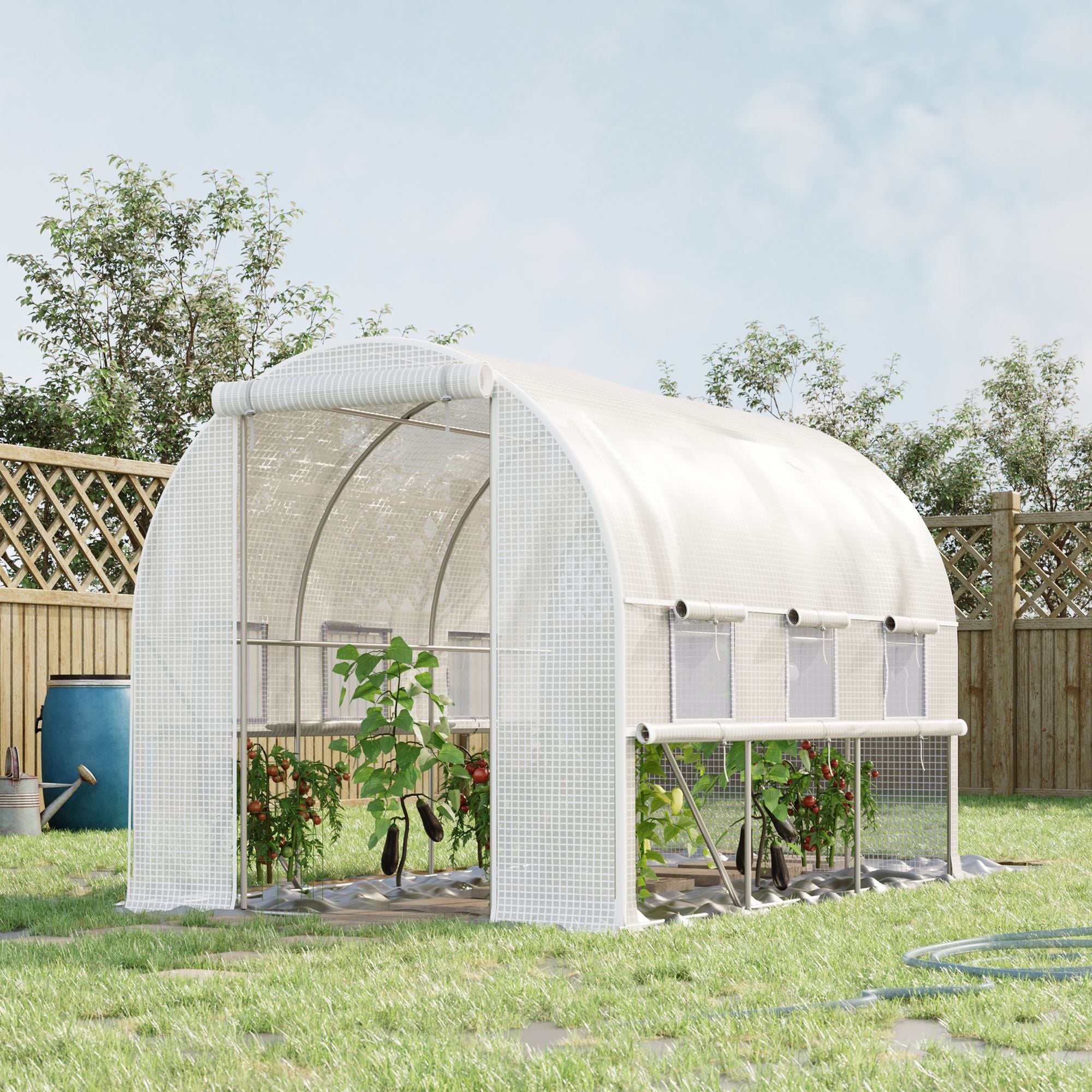 3 x 2 x 2m Walk-In Polytunnel Greenhouse with PE Cover and Mesh Windows - White