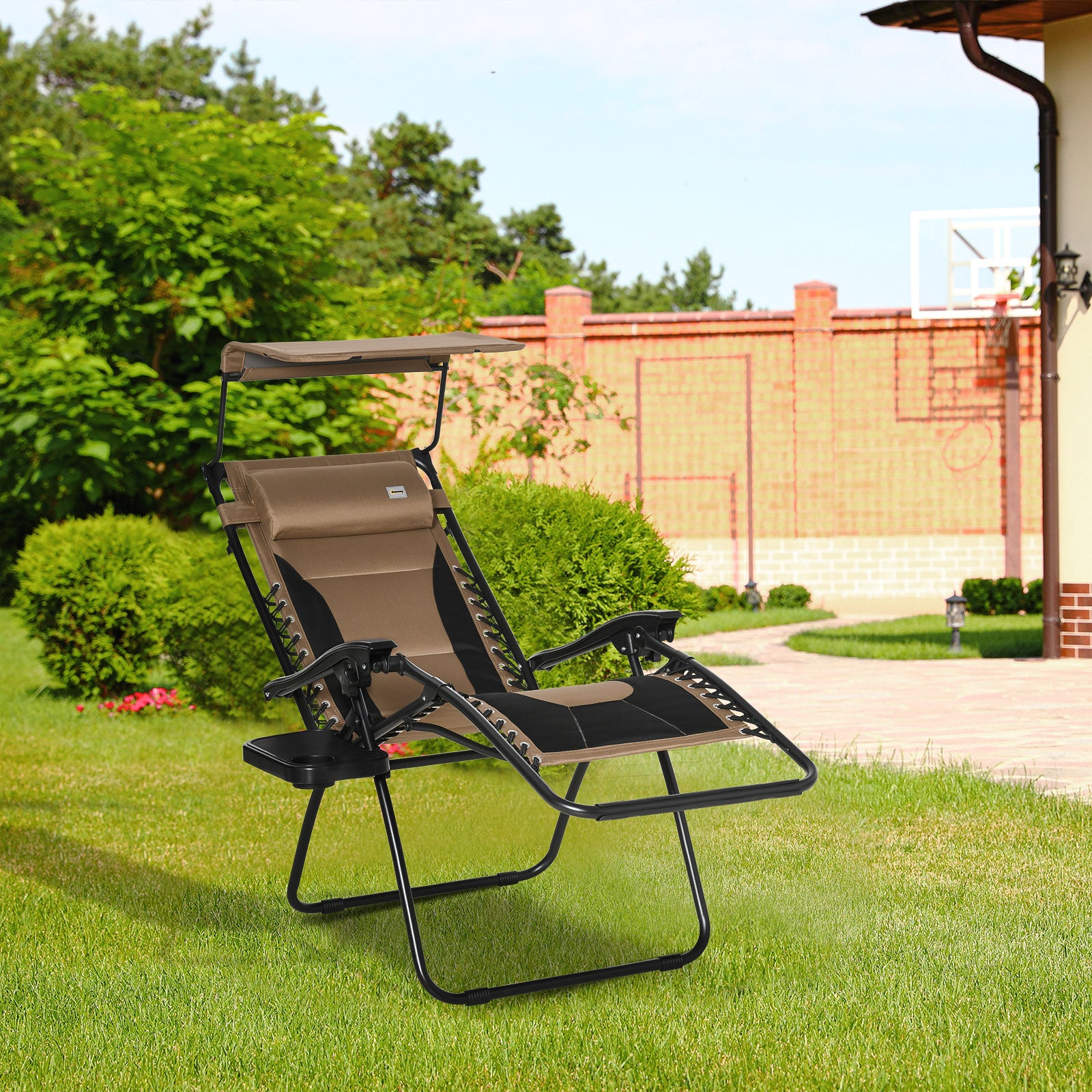 Zero Gravity Folding Lounger Chair with Shade and Cup Holder - Brown