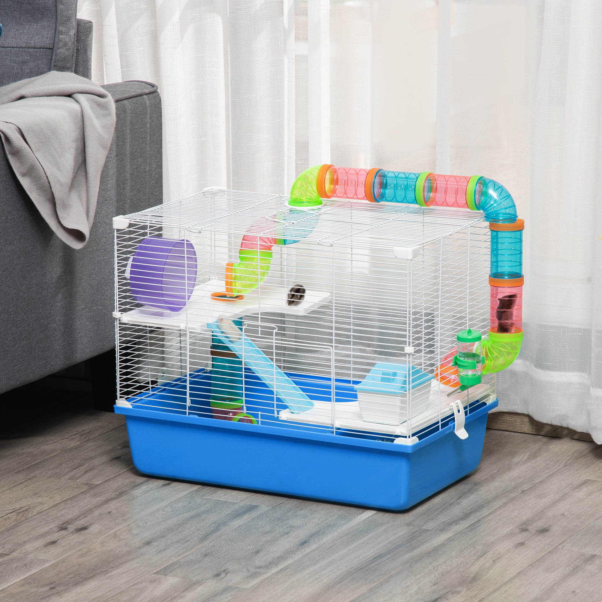 Large 3-Level Hamster Cage with Tube Tunnel, Exercise Wheel, Water Bottle & Food Dish - Blue