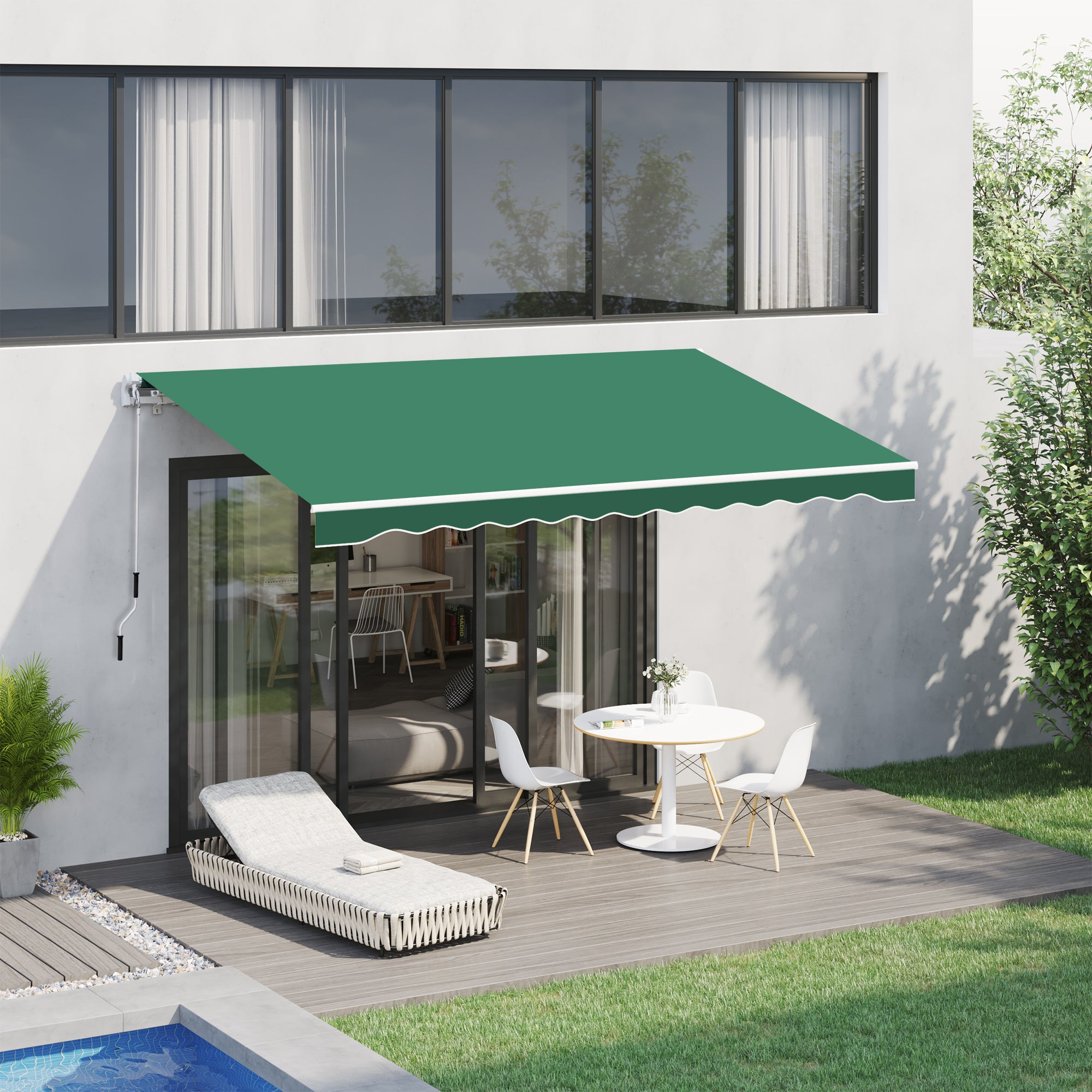 Manual Retractable Awning Canopy Set of 1 - Green Polyester Fabric