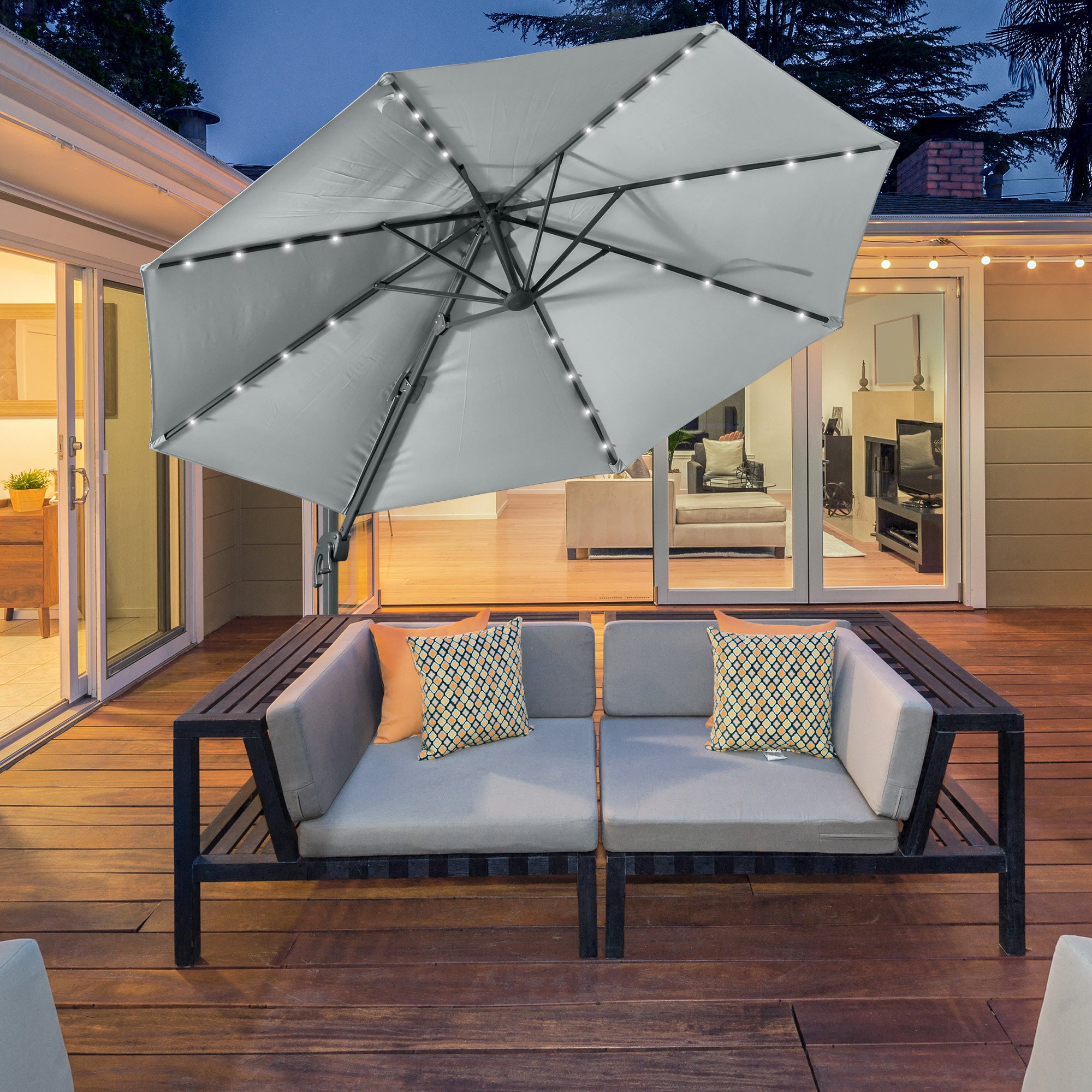 3 Metre Cantilever Roma Parasol with LED Solar Light and Cross Base - Grey