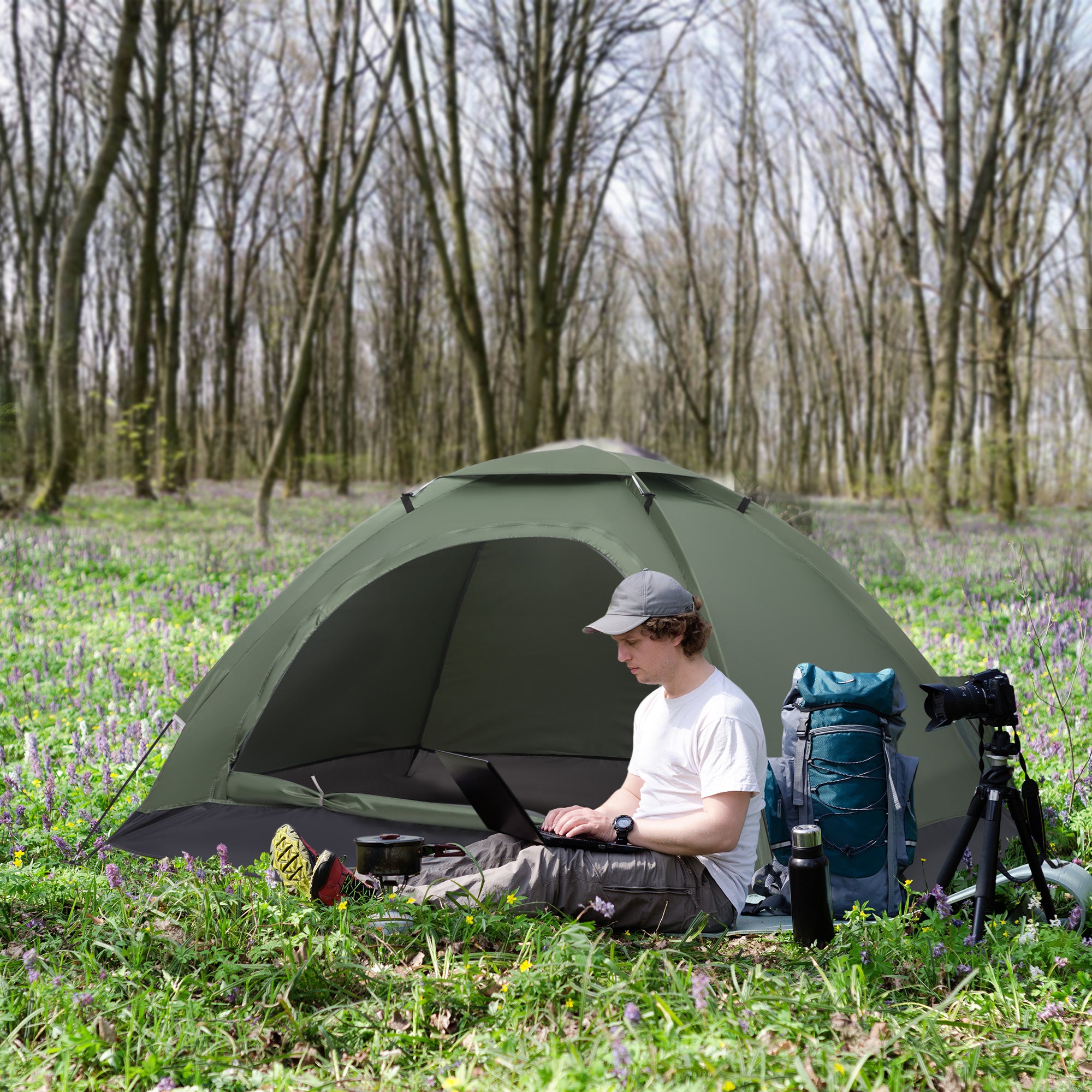 2 Person Camping Tent with Mesh Windows & Storage Pocket - Dark Green