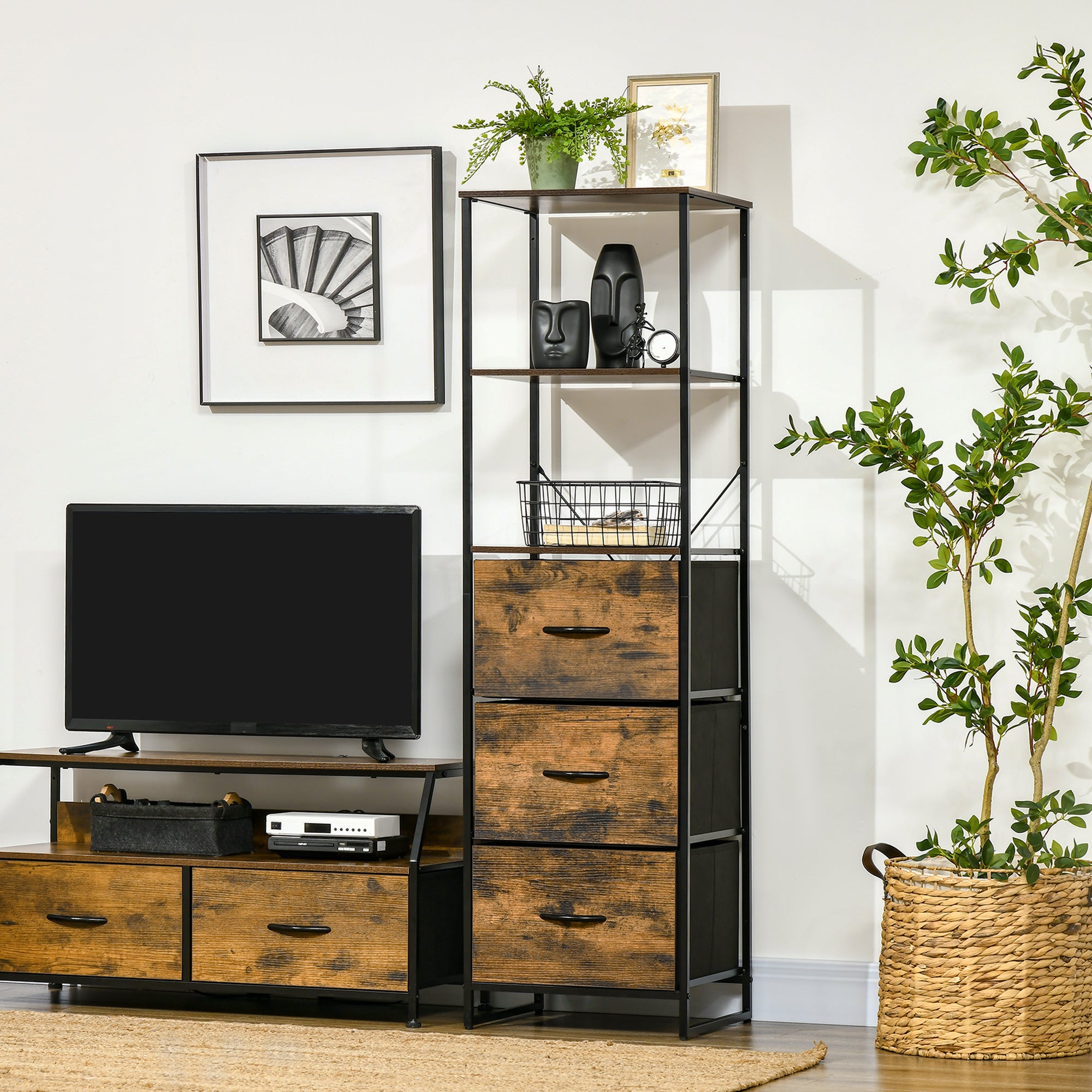 Industrial Tall Bookcase with 2 Open Shelves & 3 Foldable Fabric Drawers - Rustic Brown