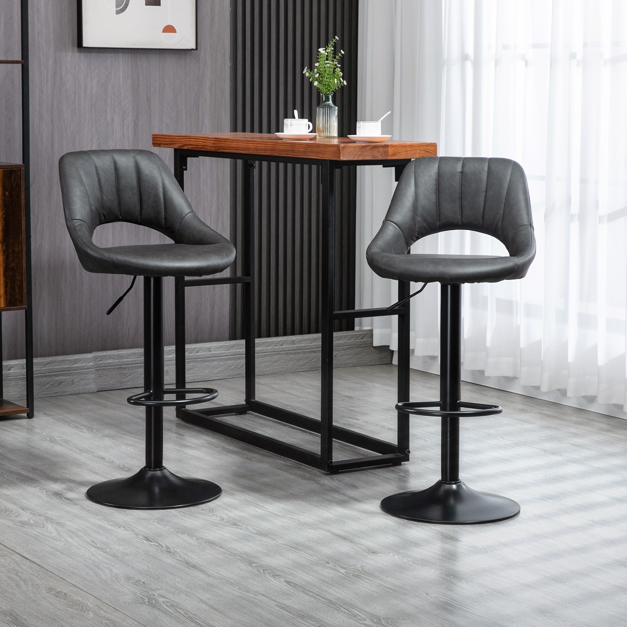 Set of 2 Adjustable Swivel Gas Lift Barstools with Footrest - Grey PU Leather