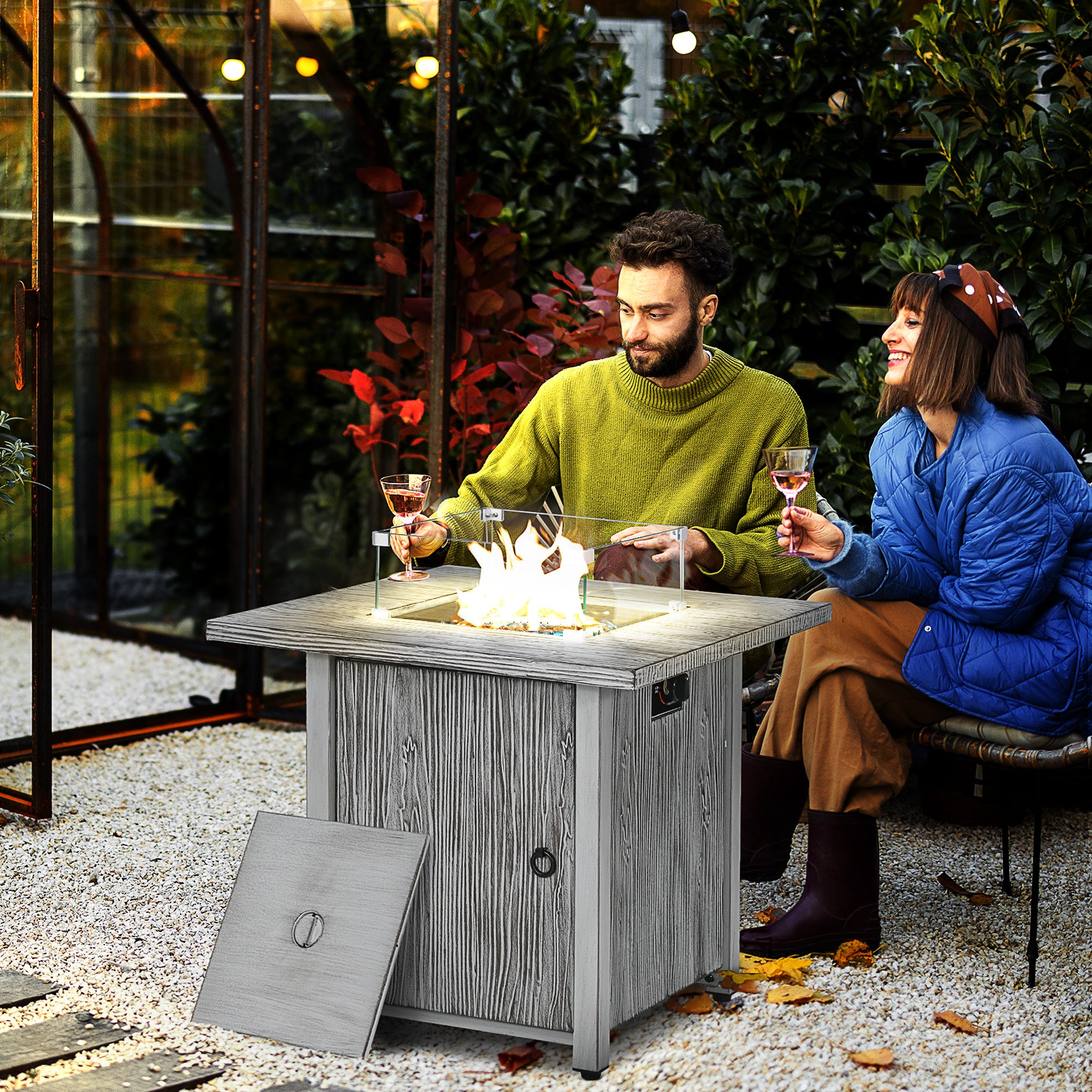 40,000 BTU Gas Fire Pit Table with Glass Screen and Cover - Grey