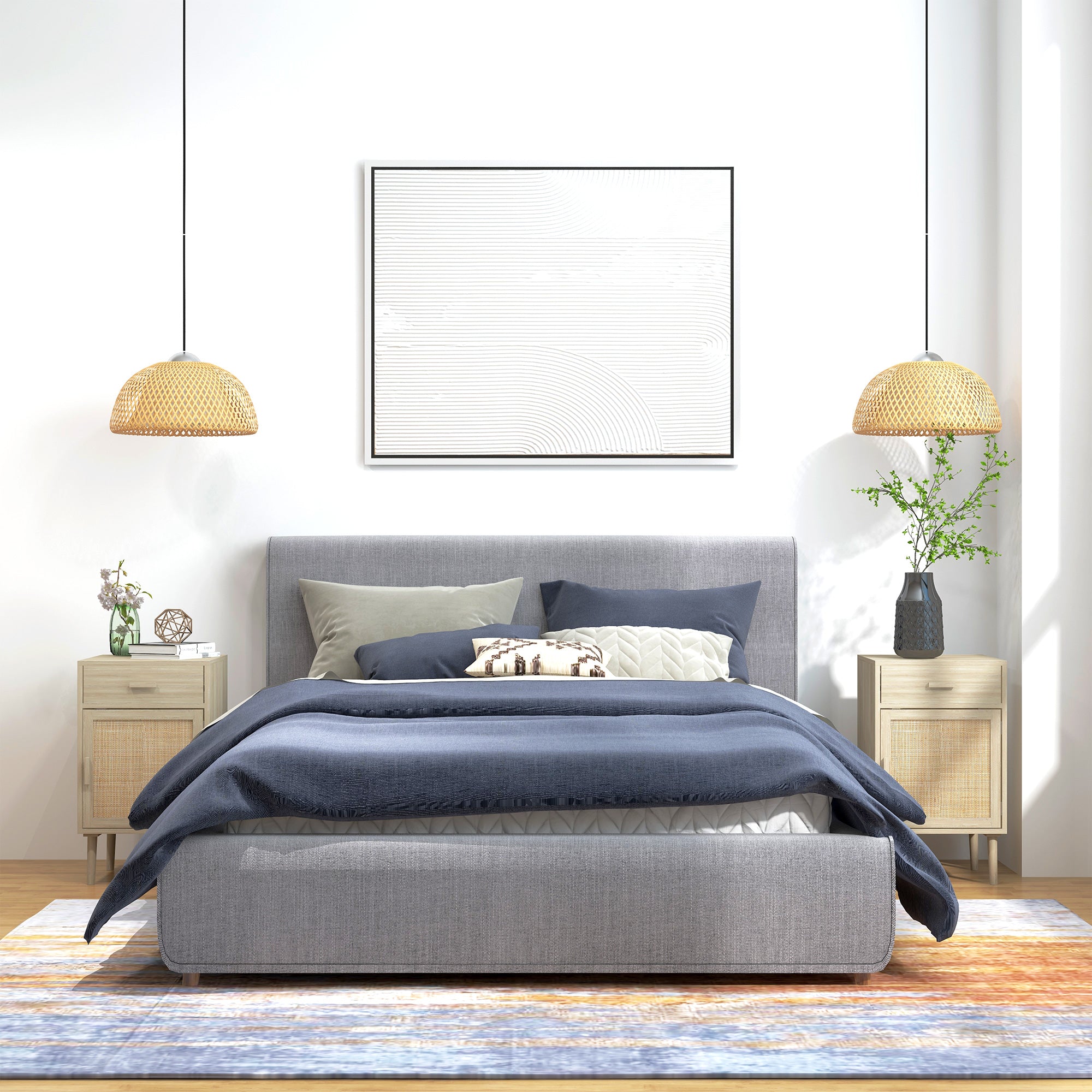 Set of 2 Rattan Bedside Tables with Adjustable Shelf and Drawer - Natural Wood Effect