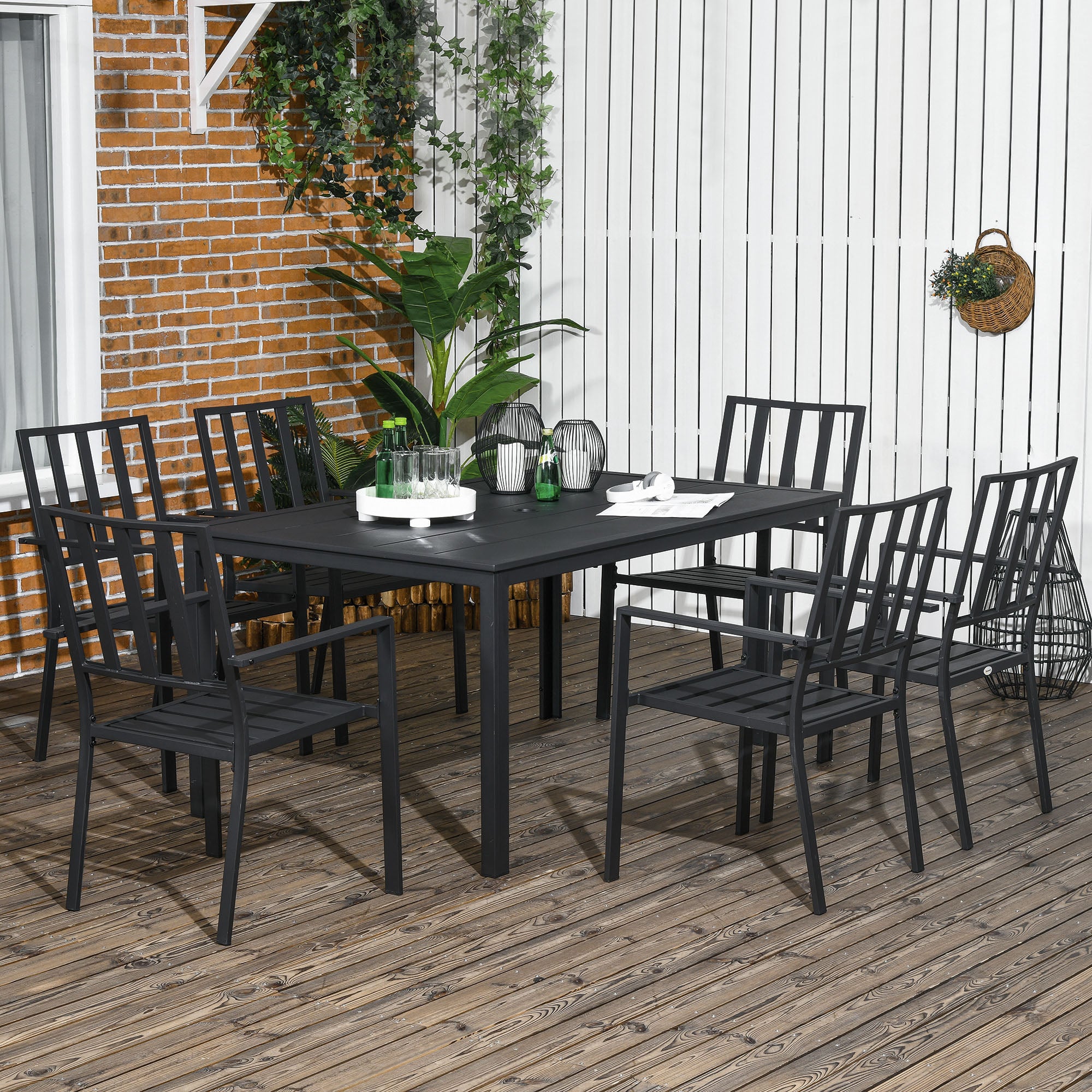 7 Piece Garden Dining Set with Metal Table and Stackable Chairs - Black