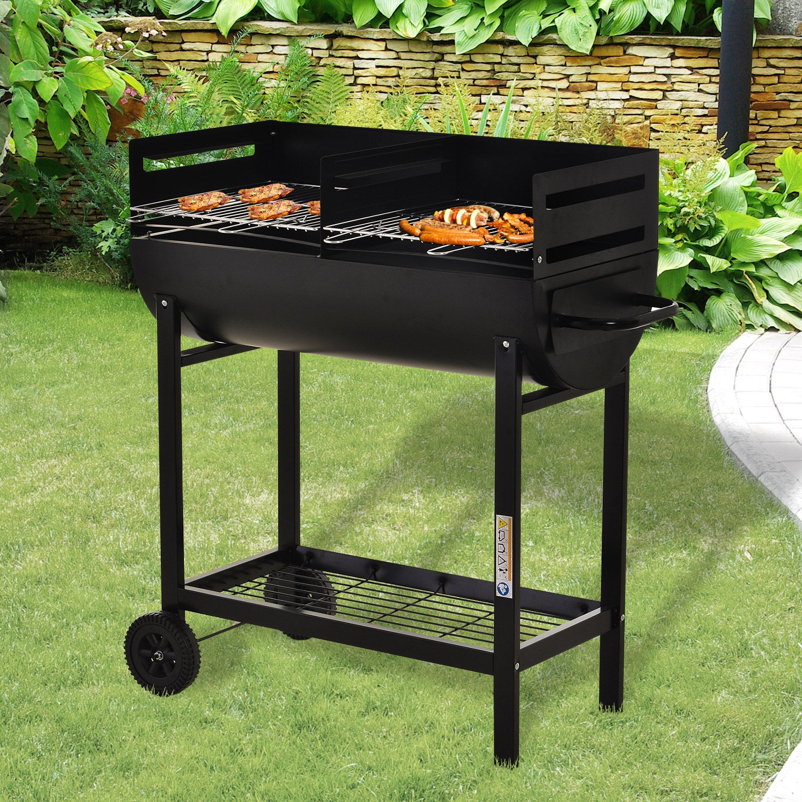 Charcoal Barbecue Grill Trolley with Dual Cooking Zones - Black