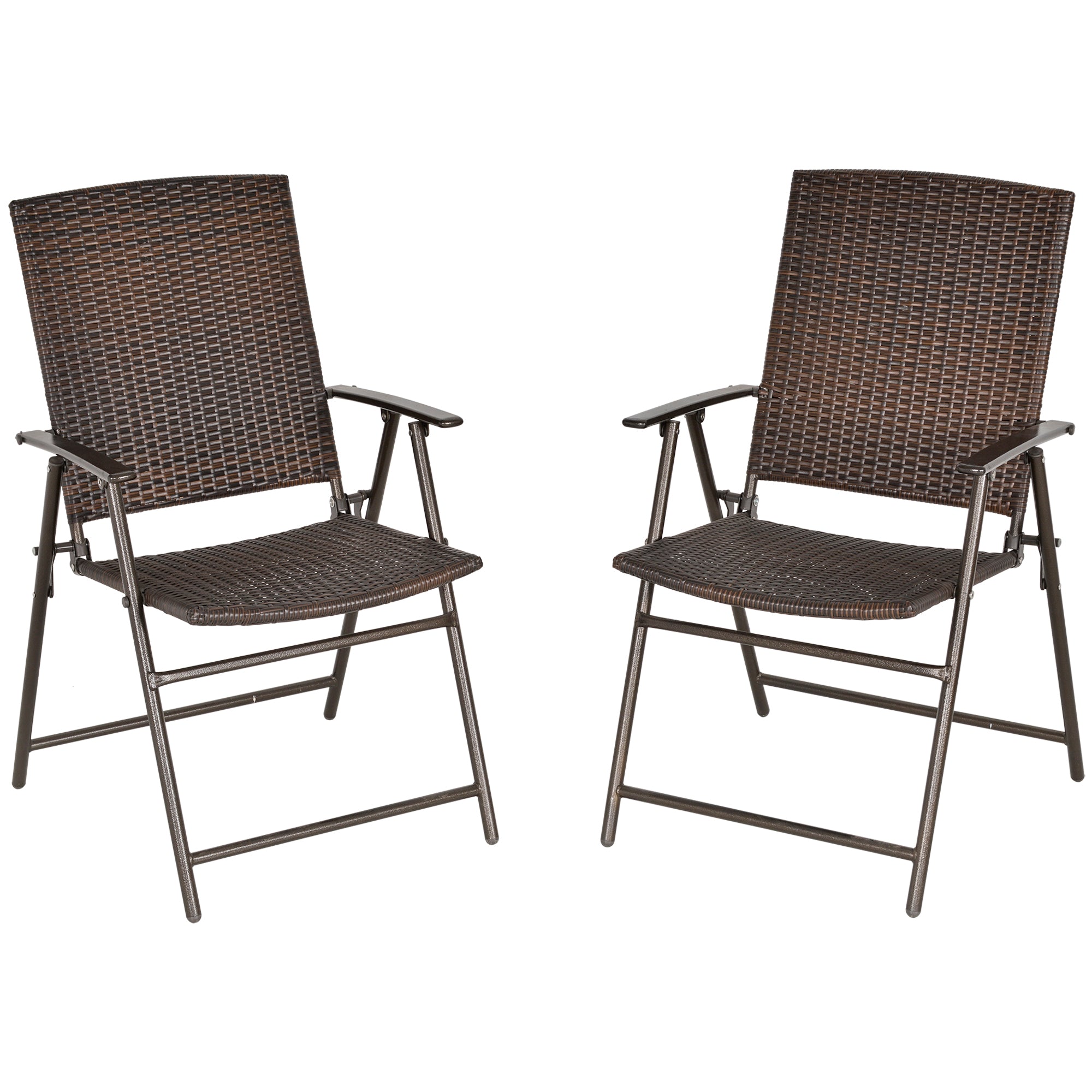 Set of 2 Folding Rattan Bistro Chairs with Armrest - Outdoor Steel Frame