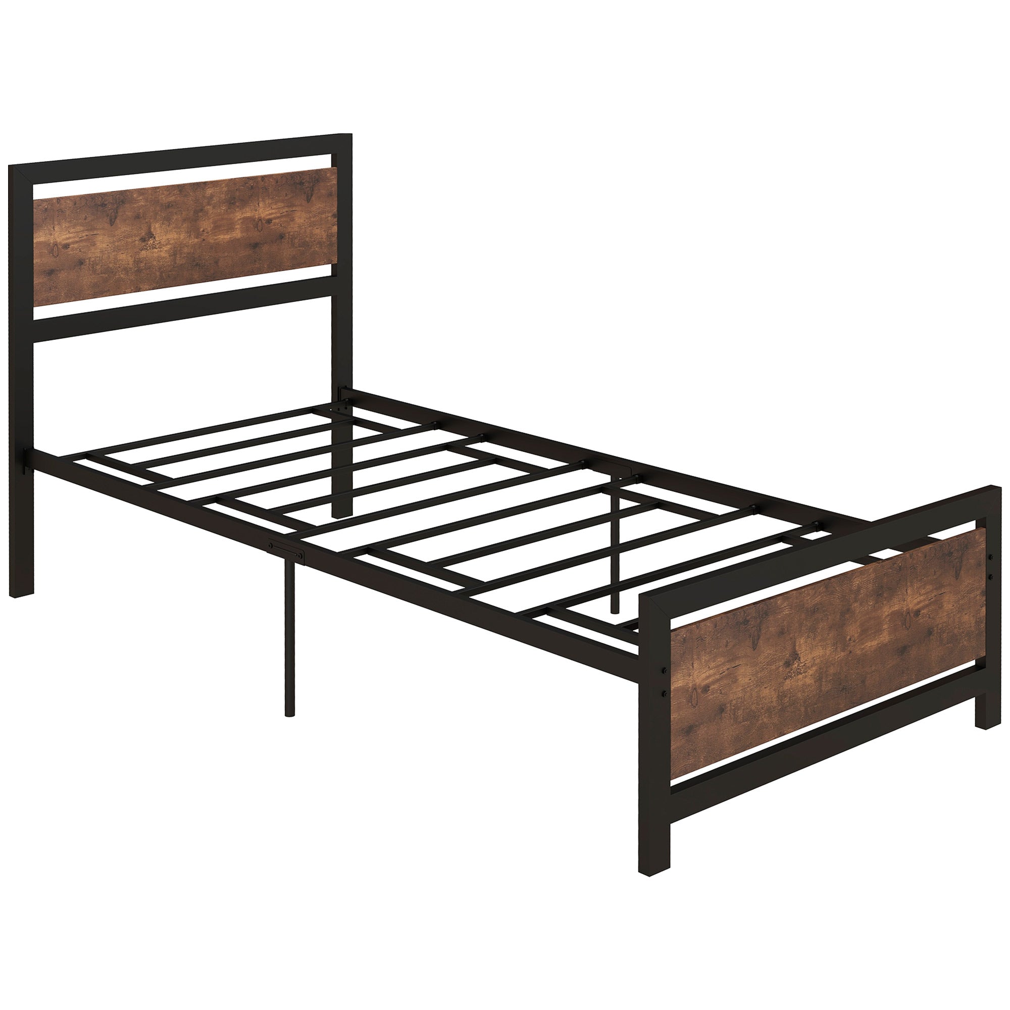 Single Industrial Style Metal Bed Frame with Rustic Wooden Headboard - Black