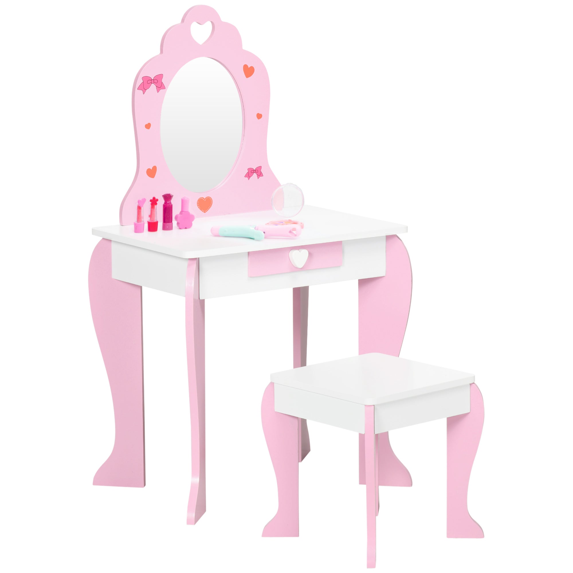 Kids Dressing Table Set with Mirror and Stool - Pink Cute Patterns