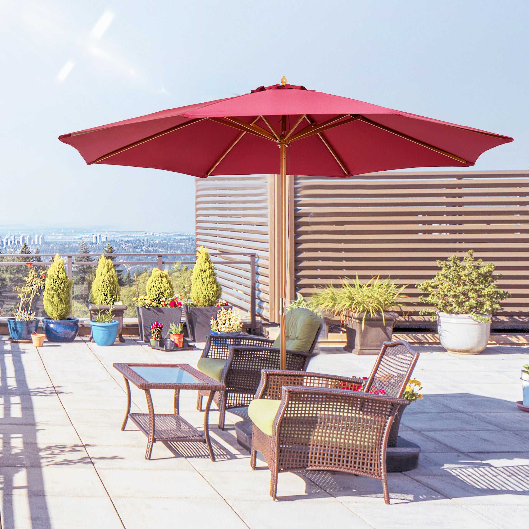 3 Metre Bamboo Wooden Patio Umbrella with Vented Canopy - Wine Red
