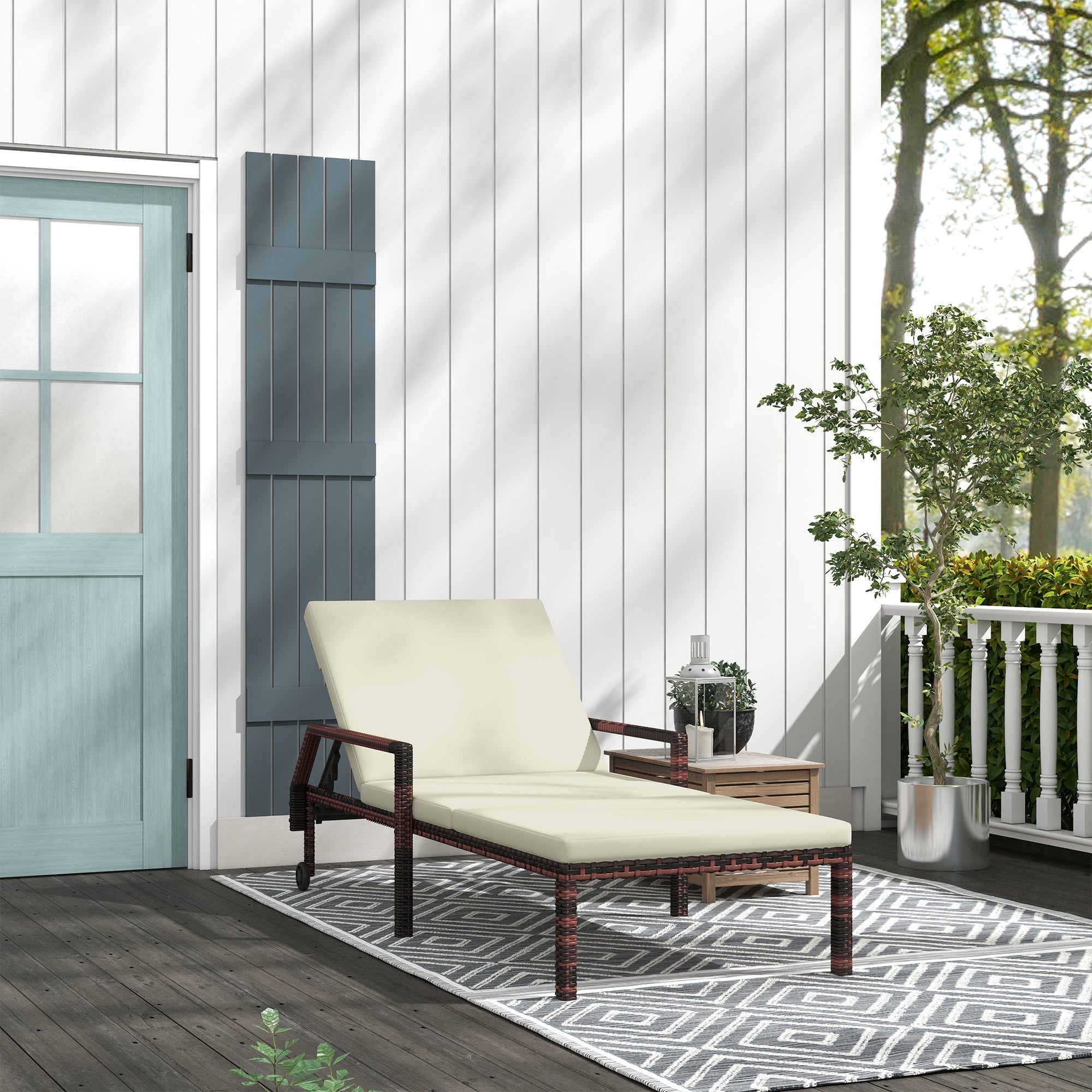 Rattan Outdoor Sun Lounger with Adjustable Backrest and Wheels - Brown