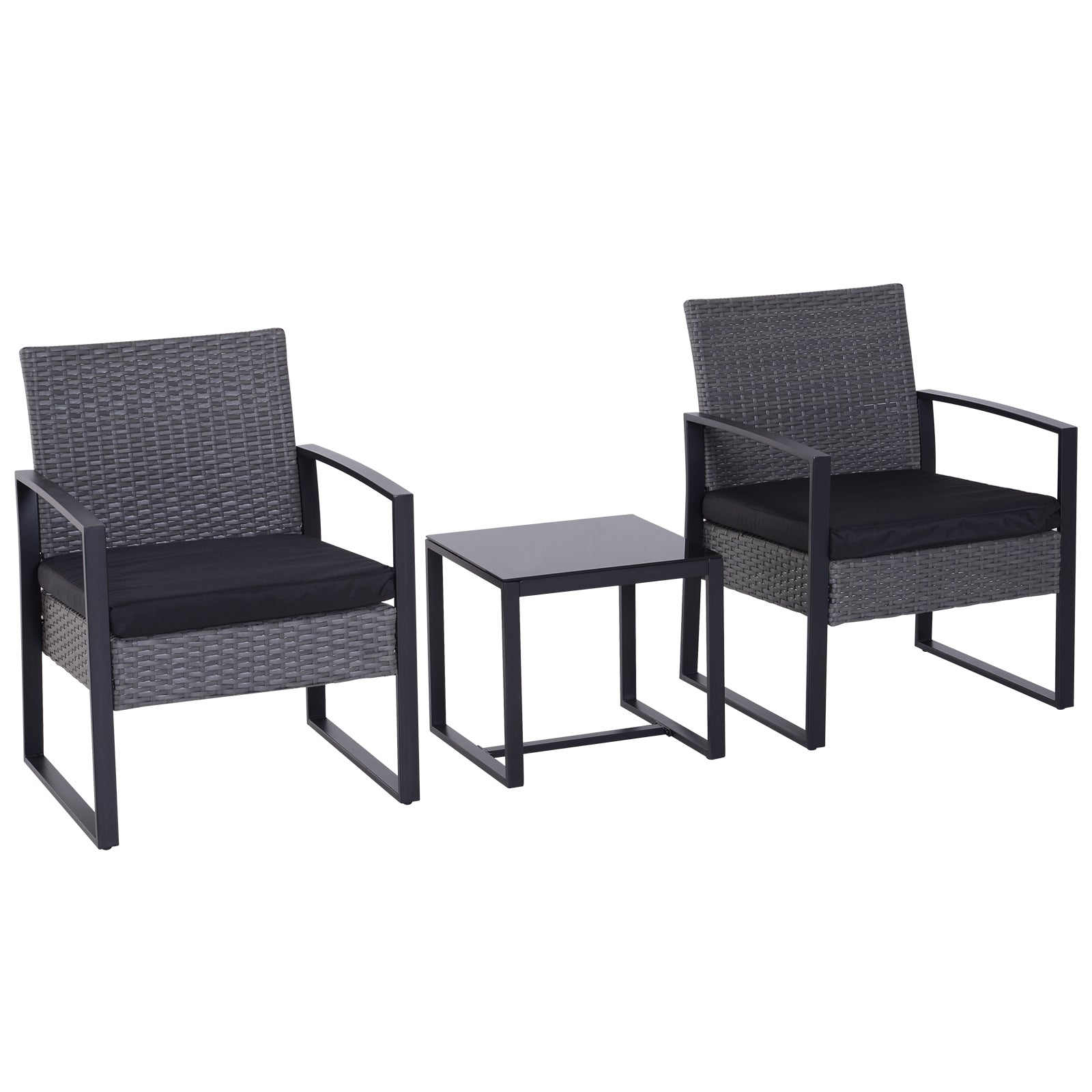 3 Piece PE Rattan Garden Bistro Set with Glass Table Top - Grey
