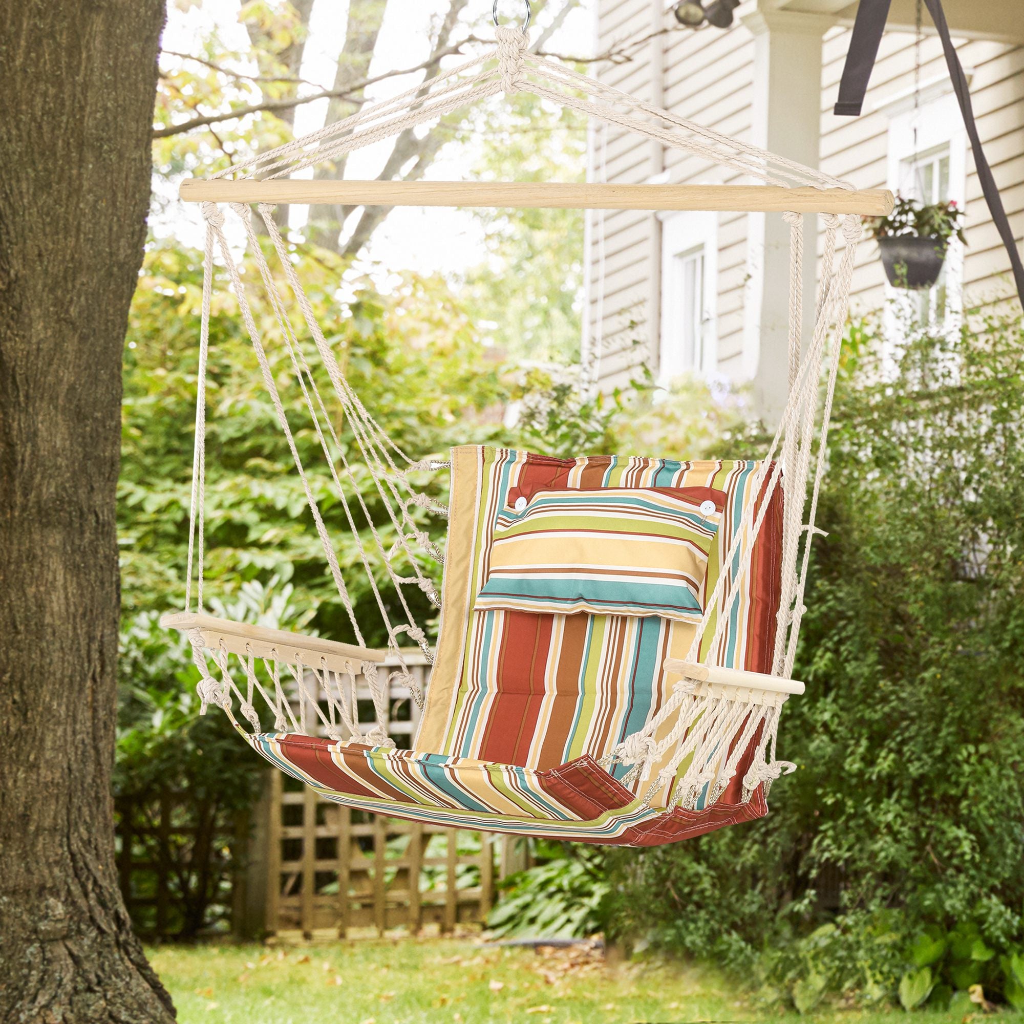 Hanging Hammock Chair Swing with Wide Seat and Thick Rope Frame - Multi-Colour Stripe