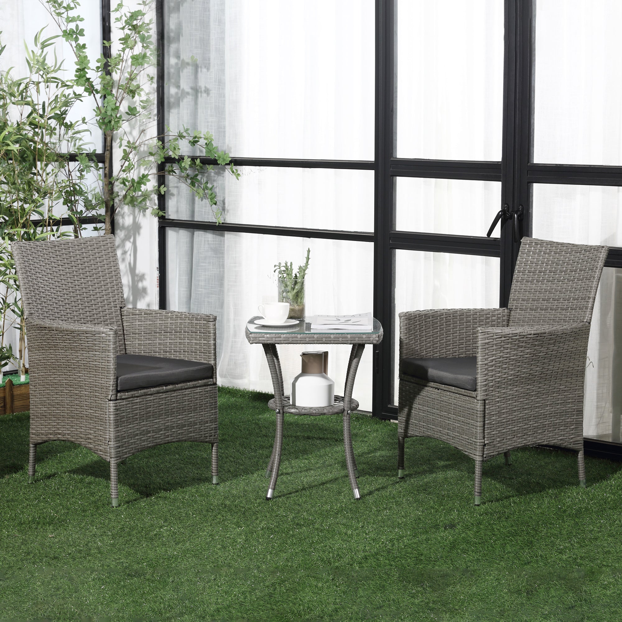 3 Piece Rattan Bistro Set with Cushions - Grey Outdoor Furniture