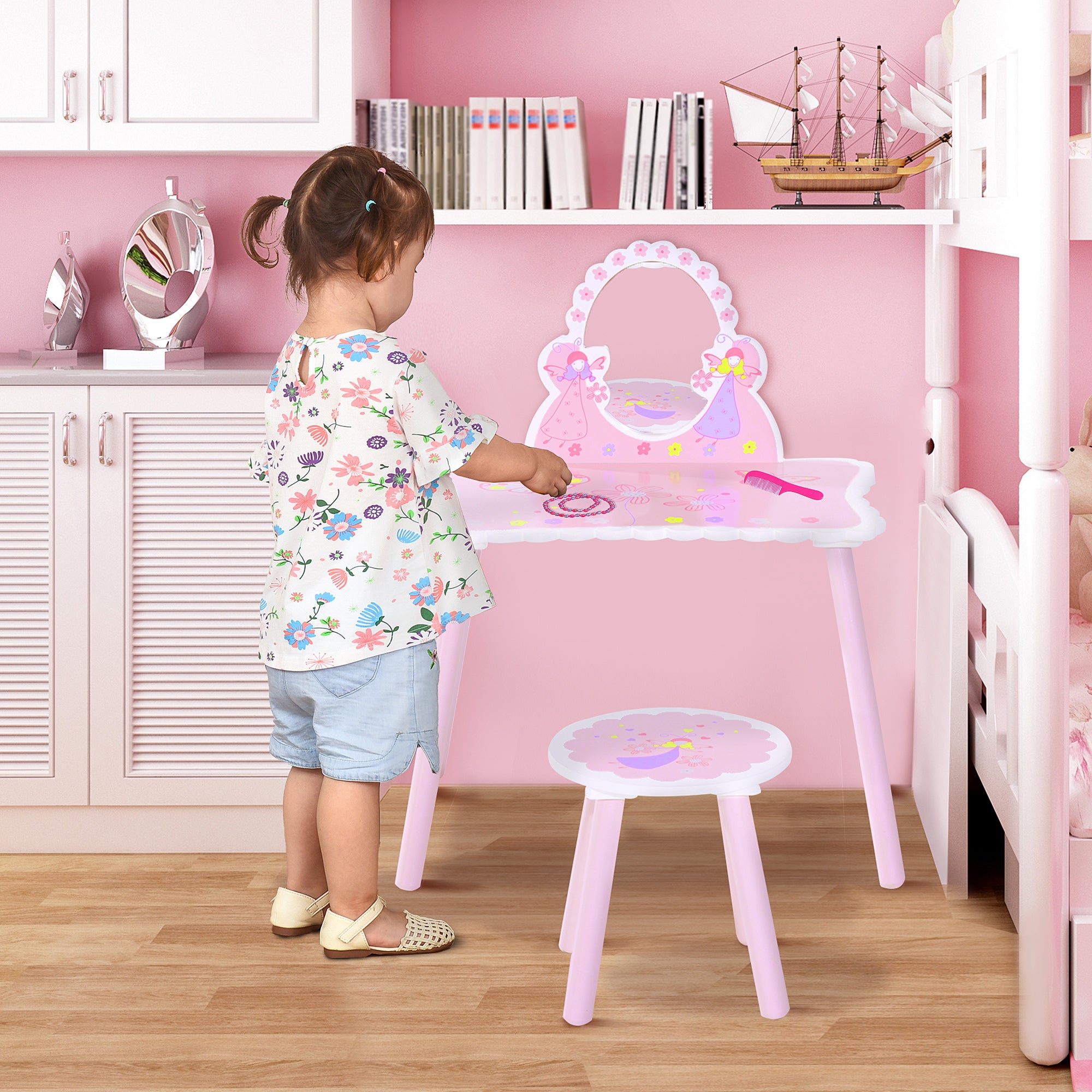 2 Piece Wooden Kids Dressing Table and Stool Set - Pink