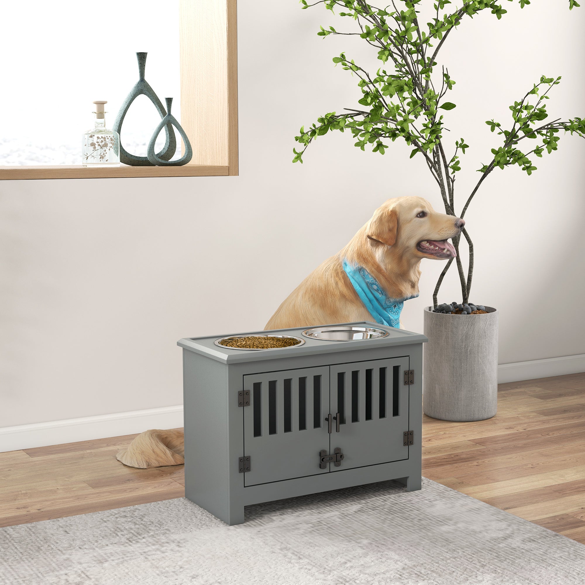 Raised Dog Feeding Station for Large Dogs with Storage Cabinet & 2 Stainless Steel Bowls - Grey