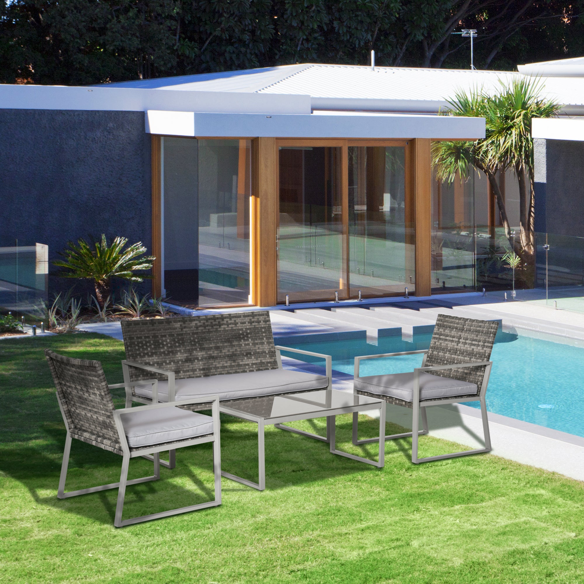 4 Piece Rattan Garden Furniture Set with Cushions and Coffee Table - Brown