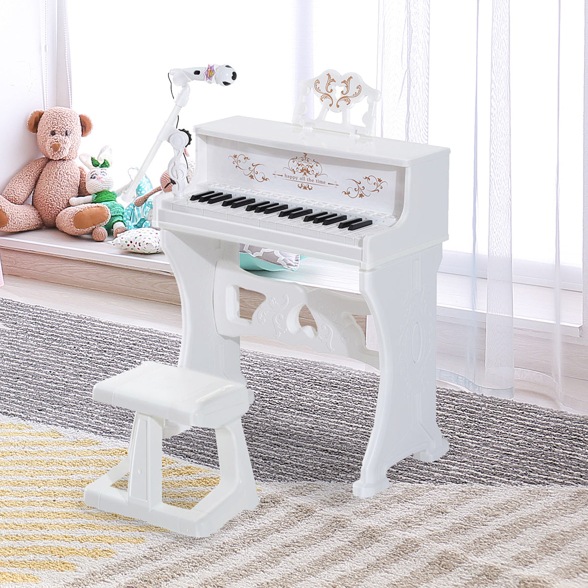37 Keys Kids Piano Mini Electronic Keyboard Light Kids Musical Instrument Educational Game Children Grand Piano Toy Set w/Stool & Microphone