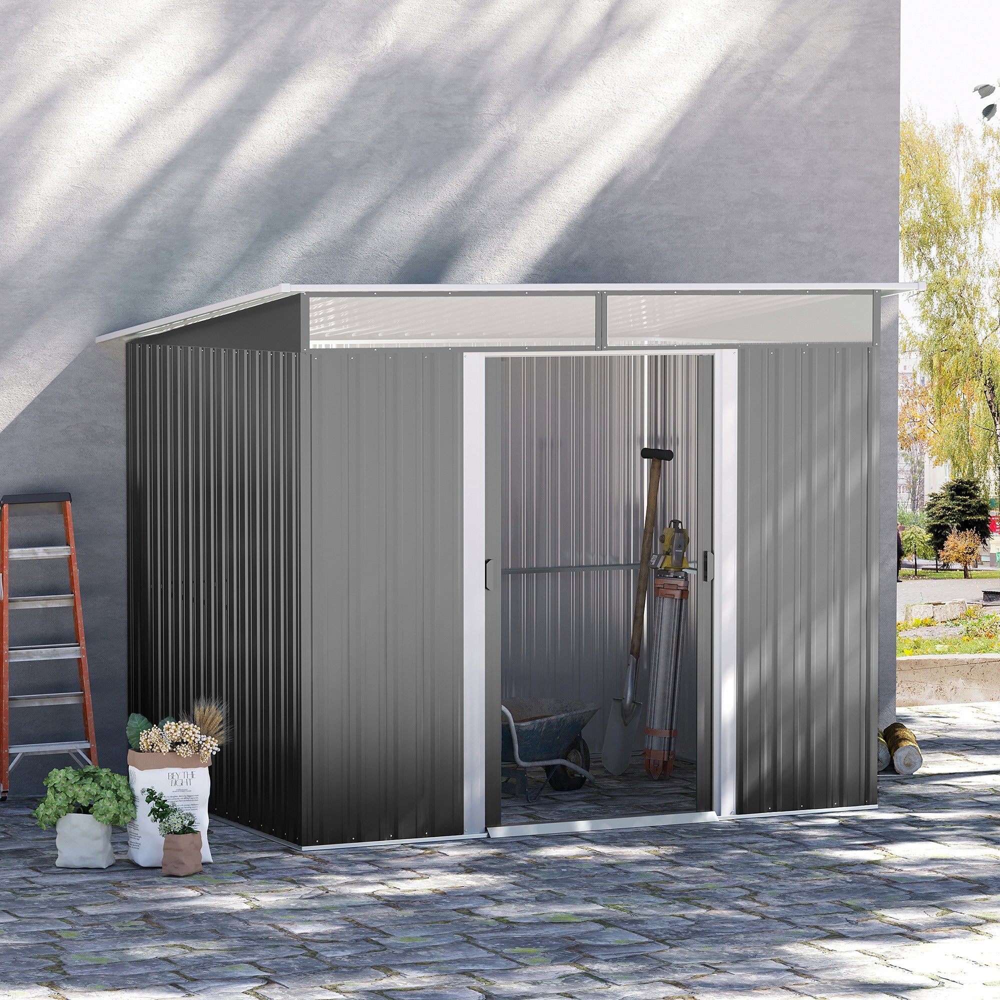 9 x 6ft Metal Garden Storage Shed with Ventilation and Tilted Roof - Grey