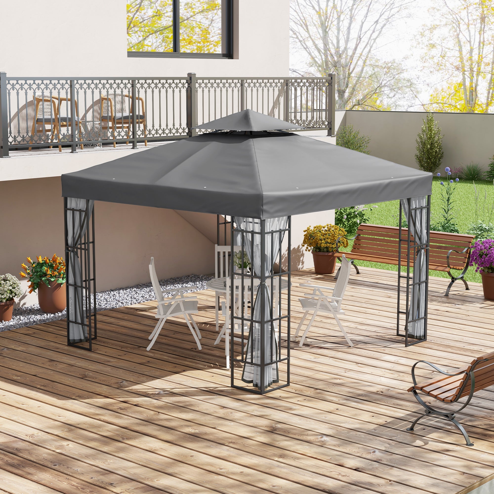 3 Metre Patio Gazebo Canopy with Mosquito Netting and Steel Frame - Grey