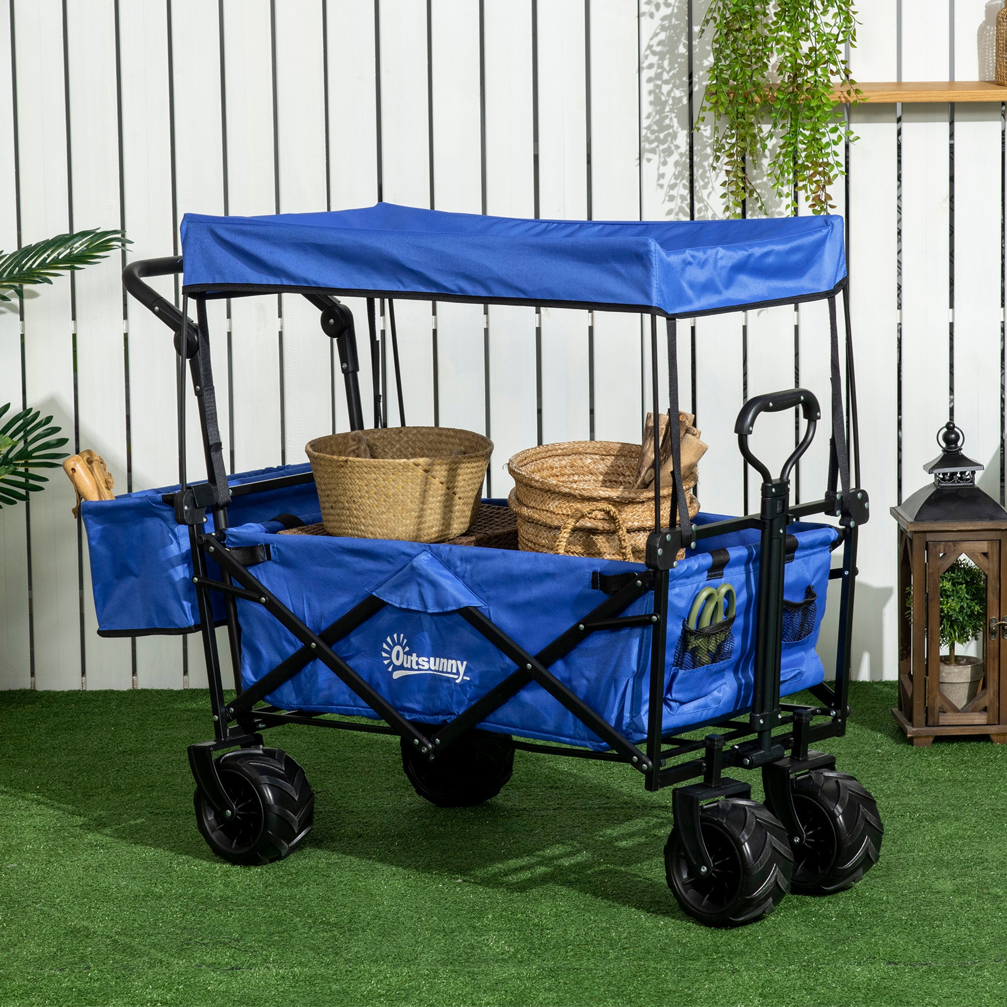 Folding Trolley Cart with Canopy and 4 Wheels for Camping Blue