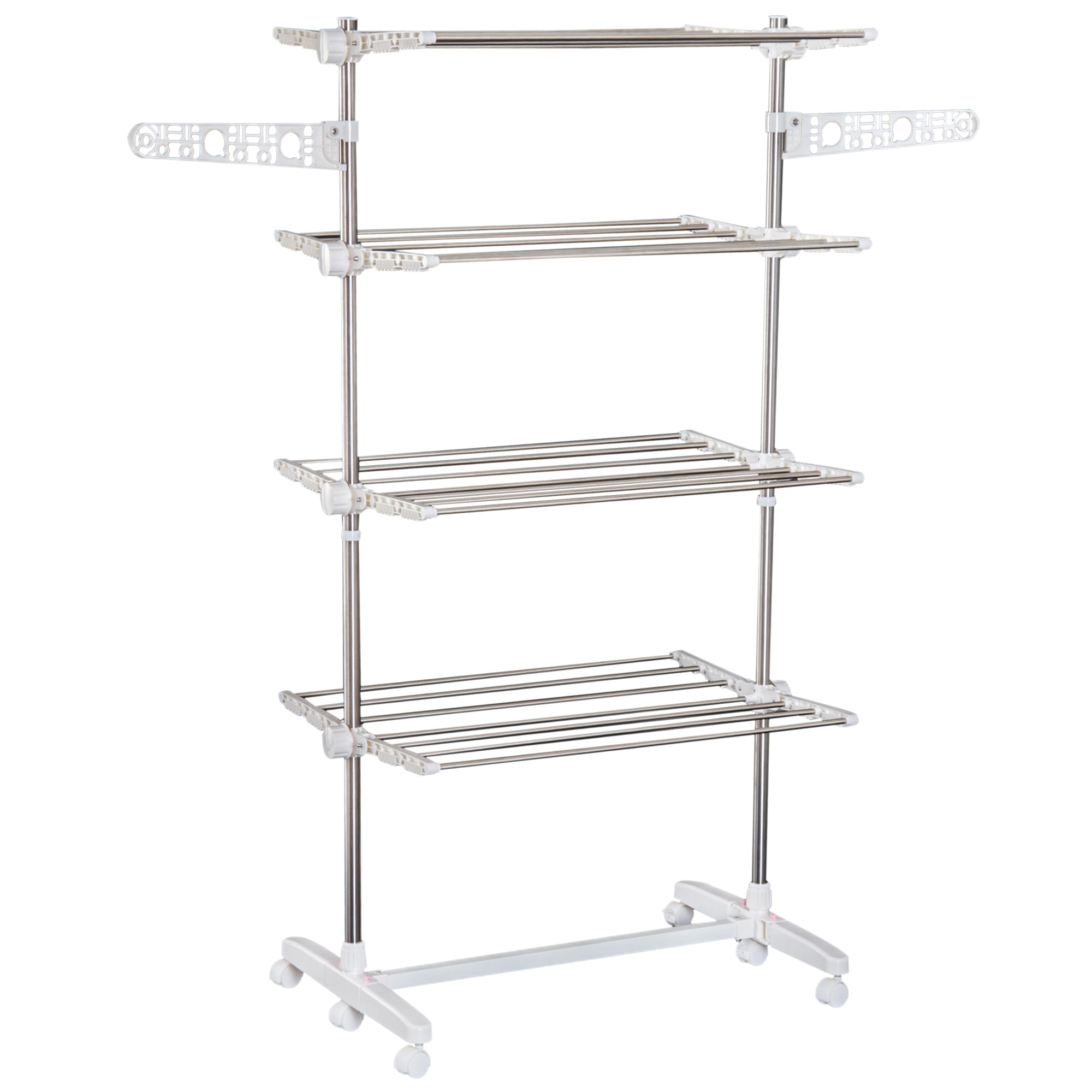 Adjustable 4-Layer Folding Garment Rack with Wheels - White & Silver