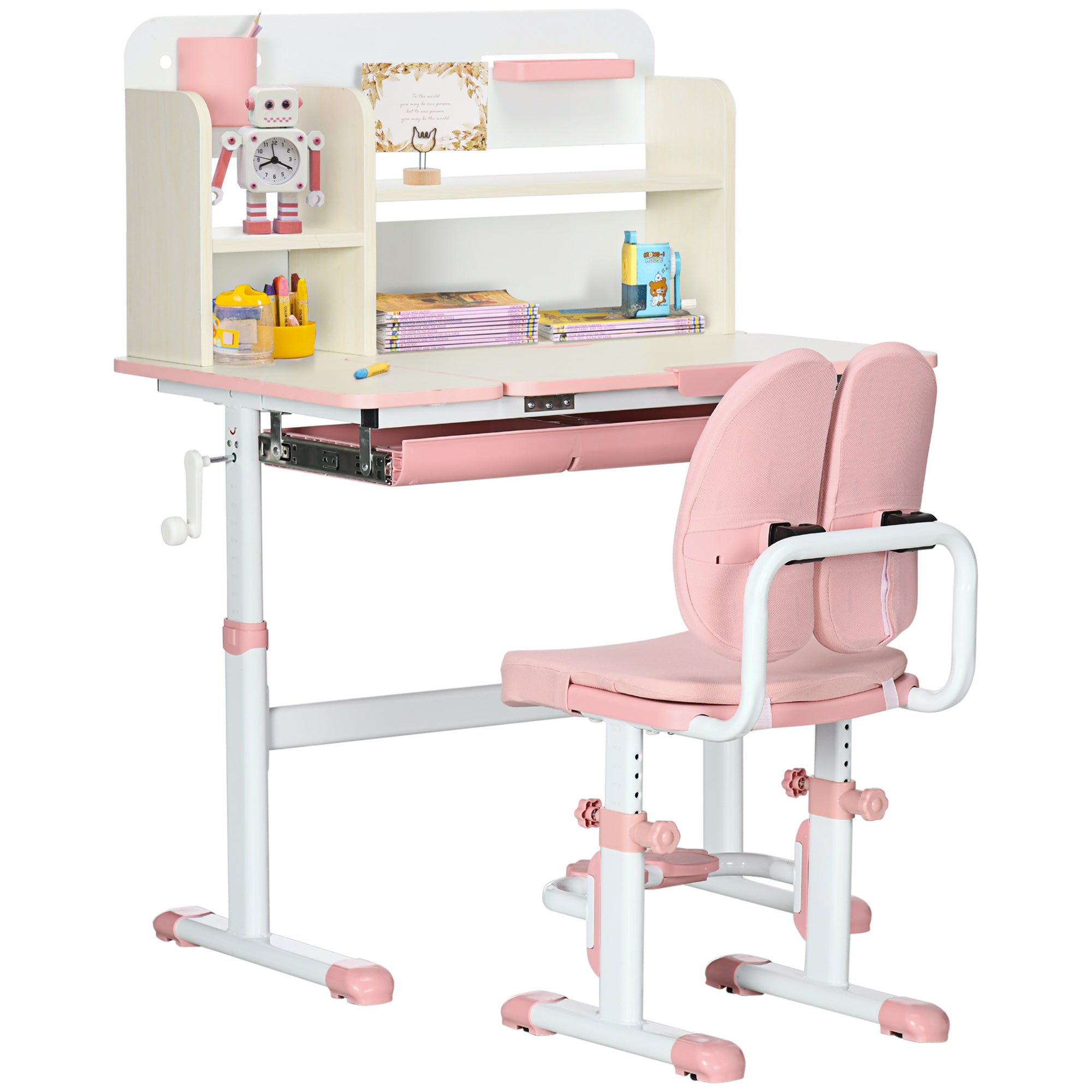Kids Desk and Chair Set with Adjustable Height and Storage Shelves - Pink
