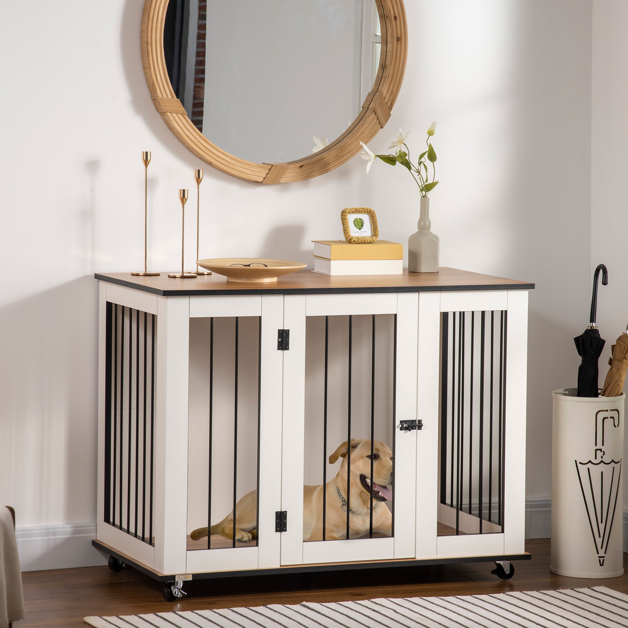 Dog Cage End Table with Five Wheels, Dog Crate Furniture for Large Sized Dogs, with Front Door Latch, Indoor Use, White