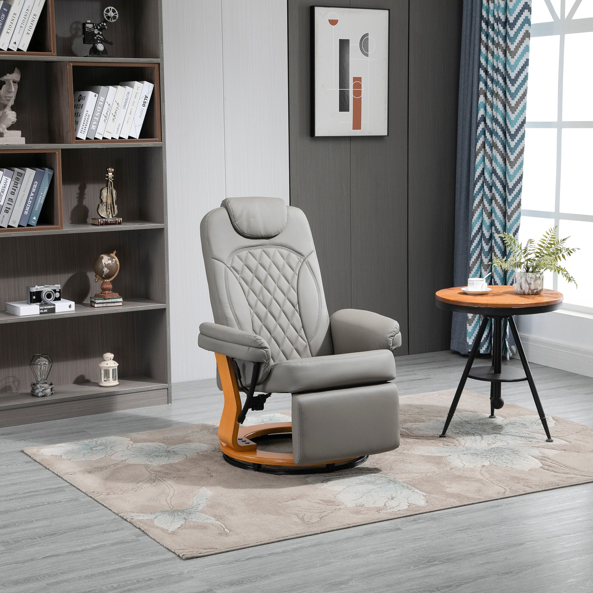 PU Recliner Chair with Footrest, Headrest, Round Wooden Base, Lounge Reading Armchair for Living Room, Bedroom and Office, Grey