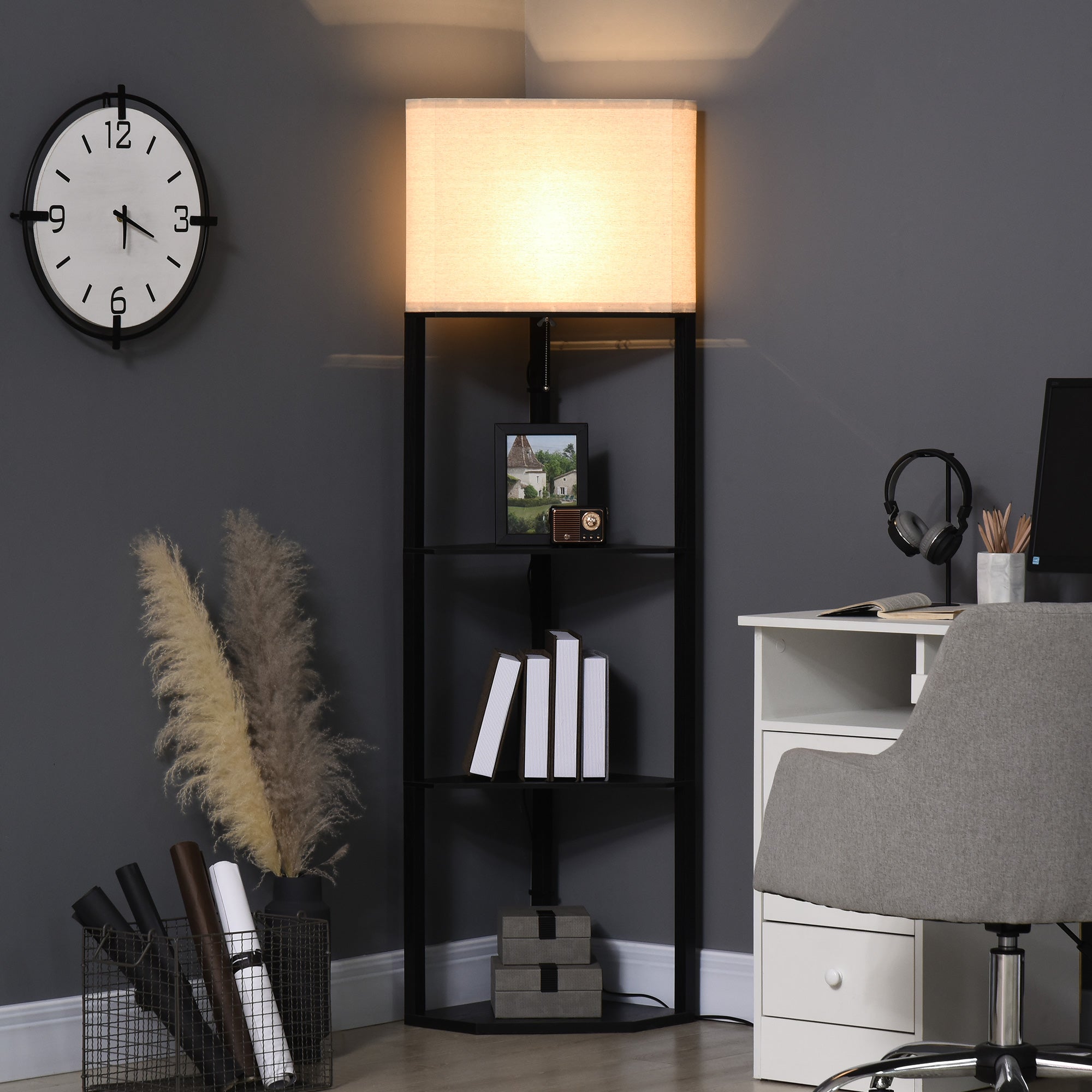 Corner Floor Lamp with Shelves, Modern Tall Standing Lamp with Pull Chain Switch - Black